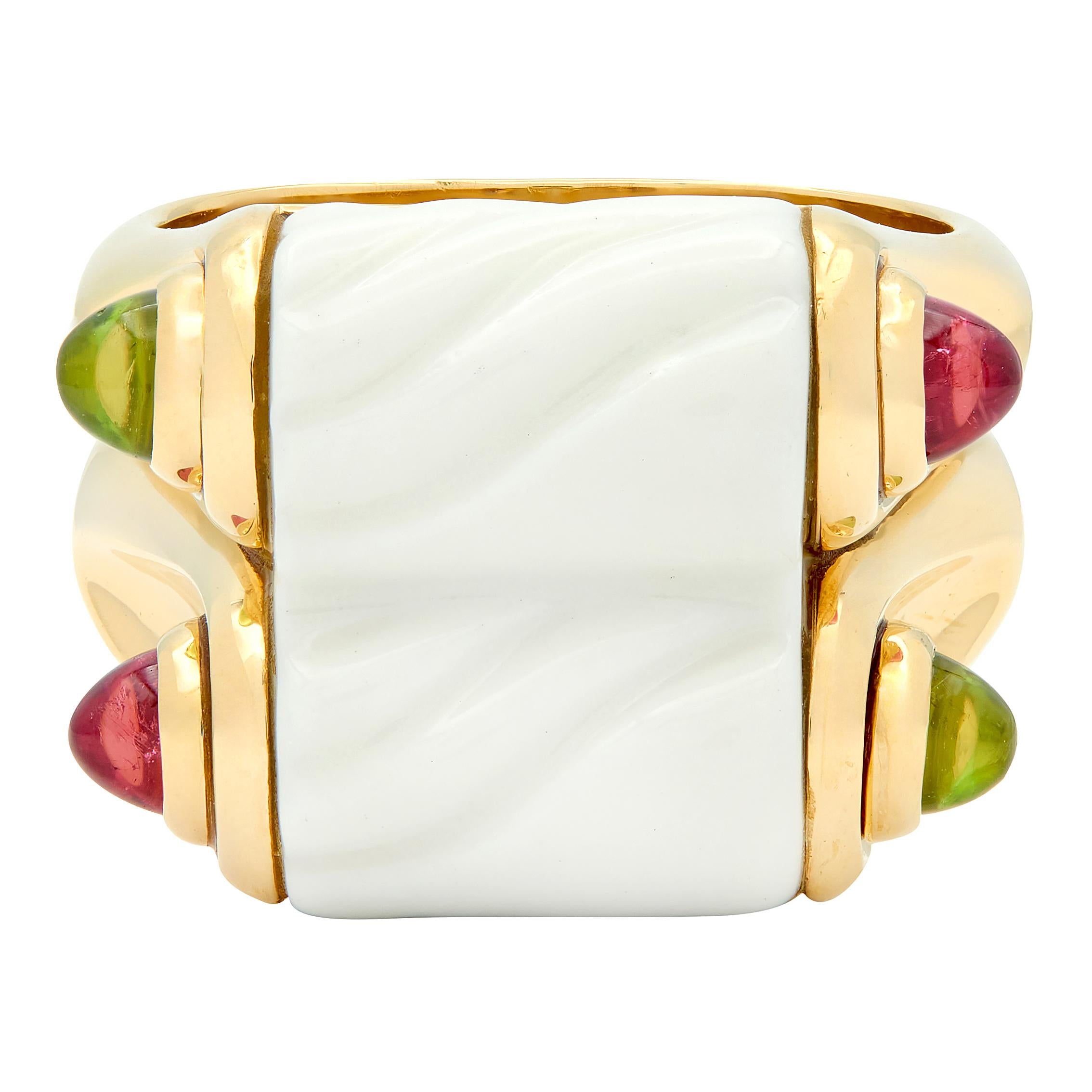 Bulgari Tourmaline Peridot Ceramic 18 Karat Yellow Gold Chandra Ring
