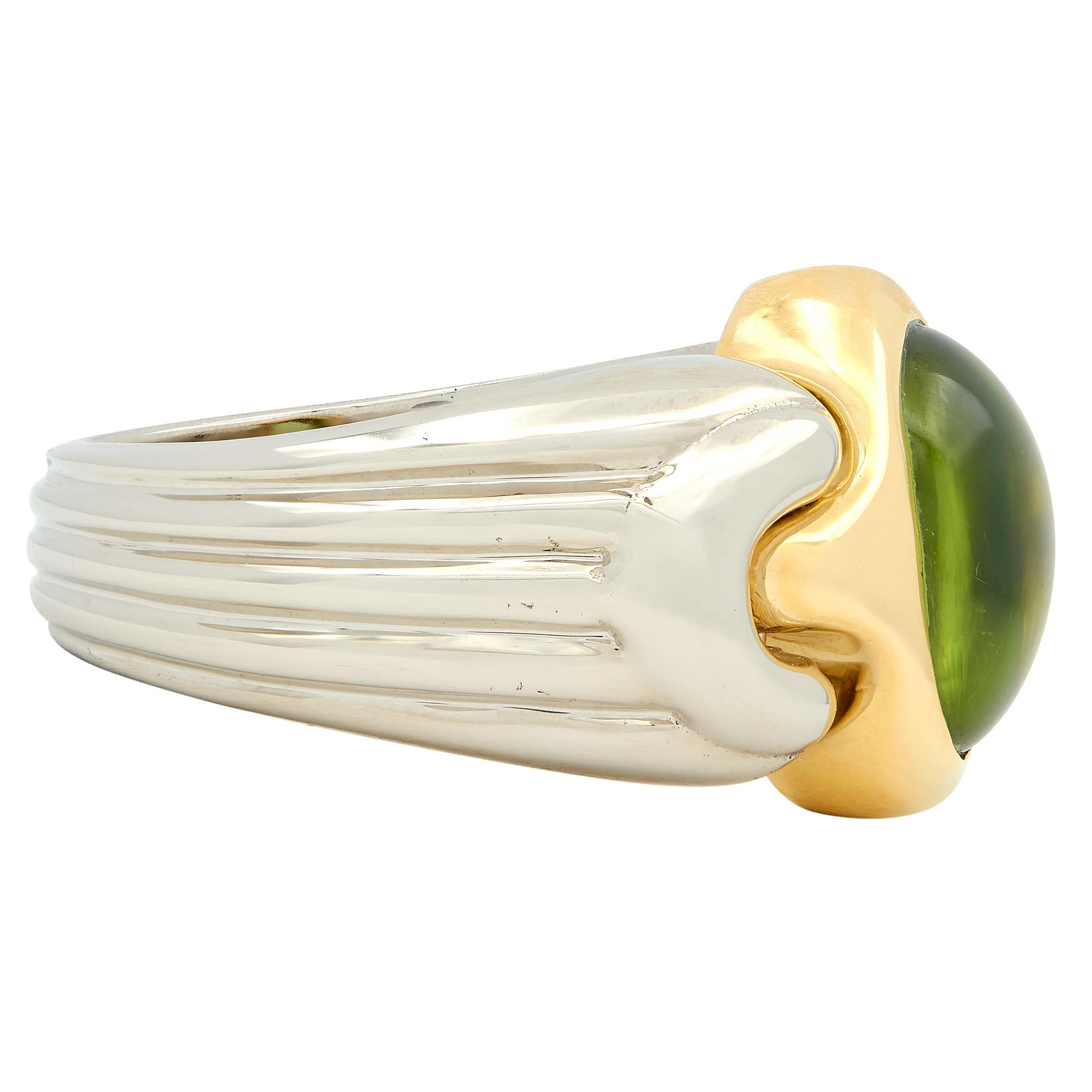 Bulgari 1990's Peridot 18 Karat Two-Tone Yellow White Gold Vintage Cabochon Ring