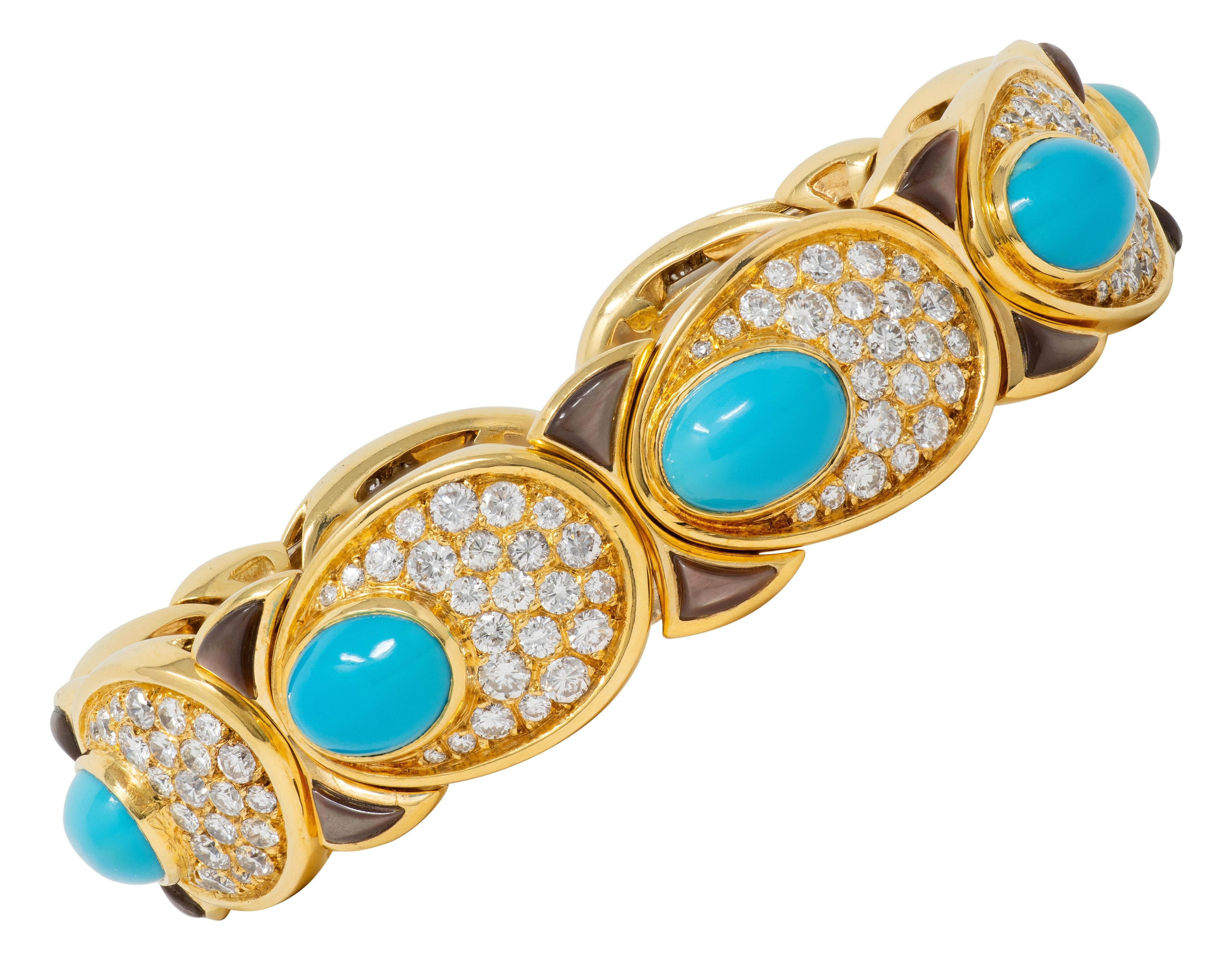 Marina B. 1984 French Diamond Turquoise Abalone 18K Gold Vintage Cuff Bracelet
