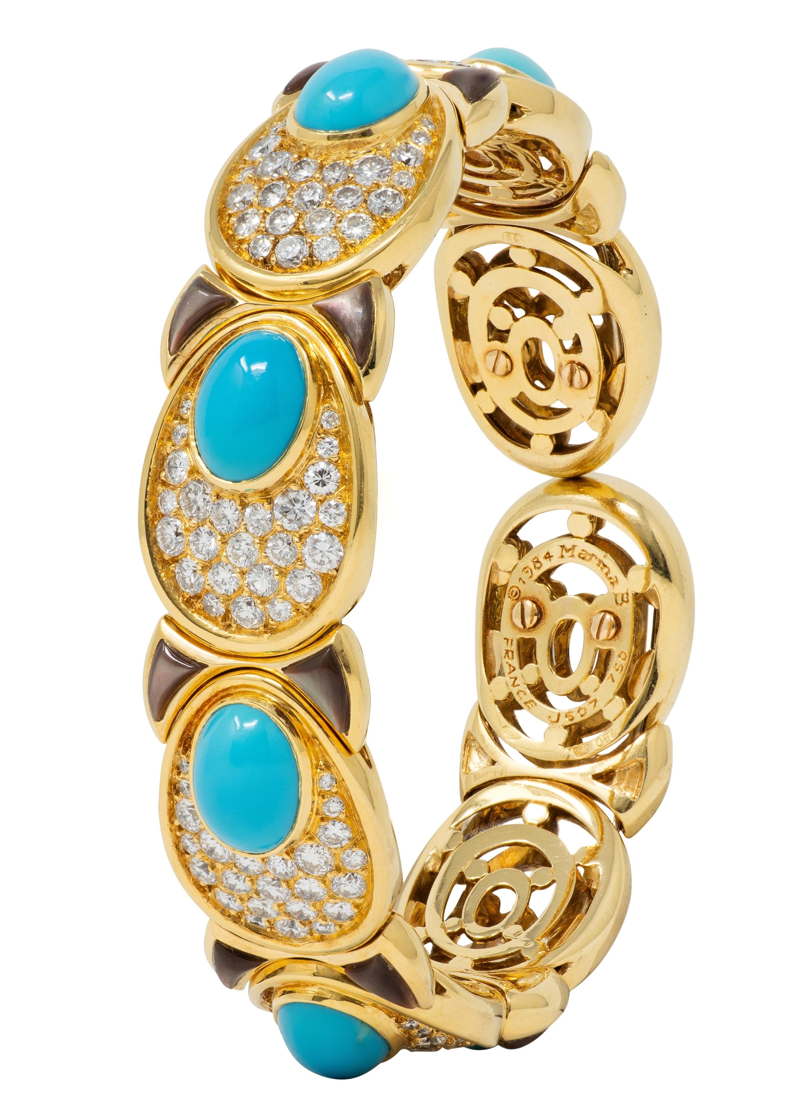 Marina B. 1984 French Diamond Turquoise Abalone 18K Gold Vintage Cuff Bracelet