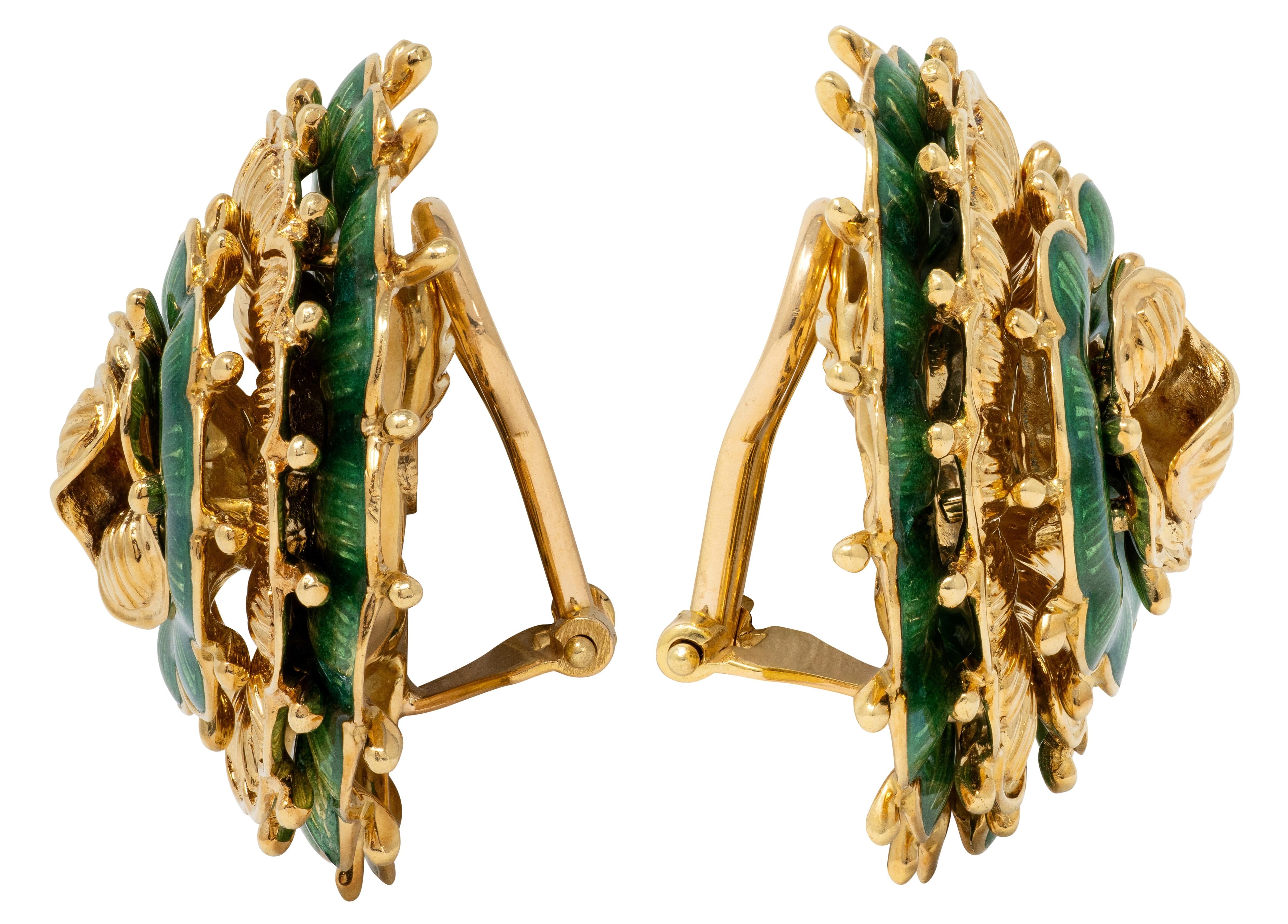 Tiffany & Co. 1960 Basse-Taille Enamel 18K Gold Vintage Flower Ear-Clip Earrings