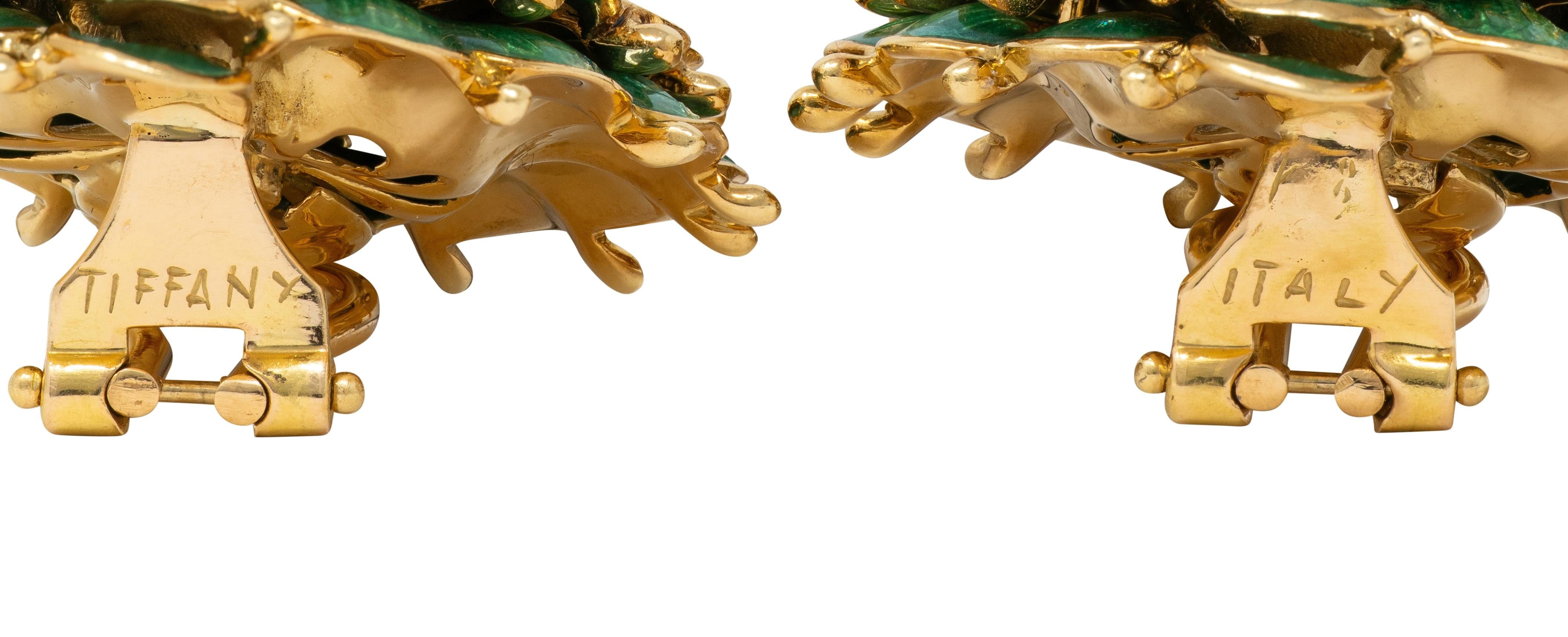 Tiffany & Co. 1960 Basse-Taille Enamel 18K Gold Vintage Flower Ear-Clip Earrings