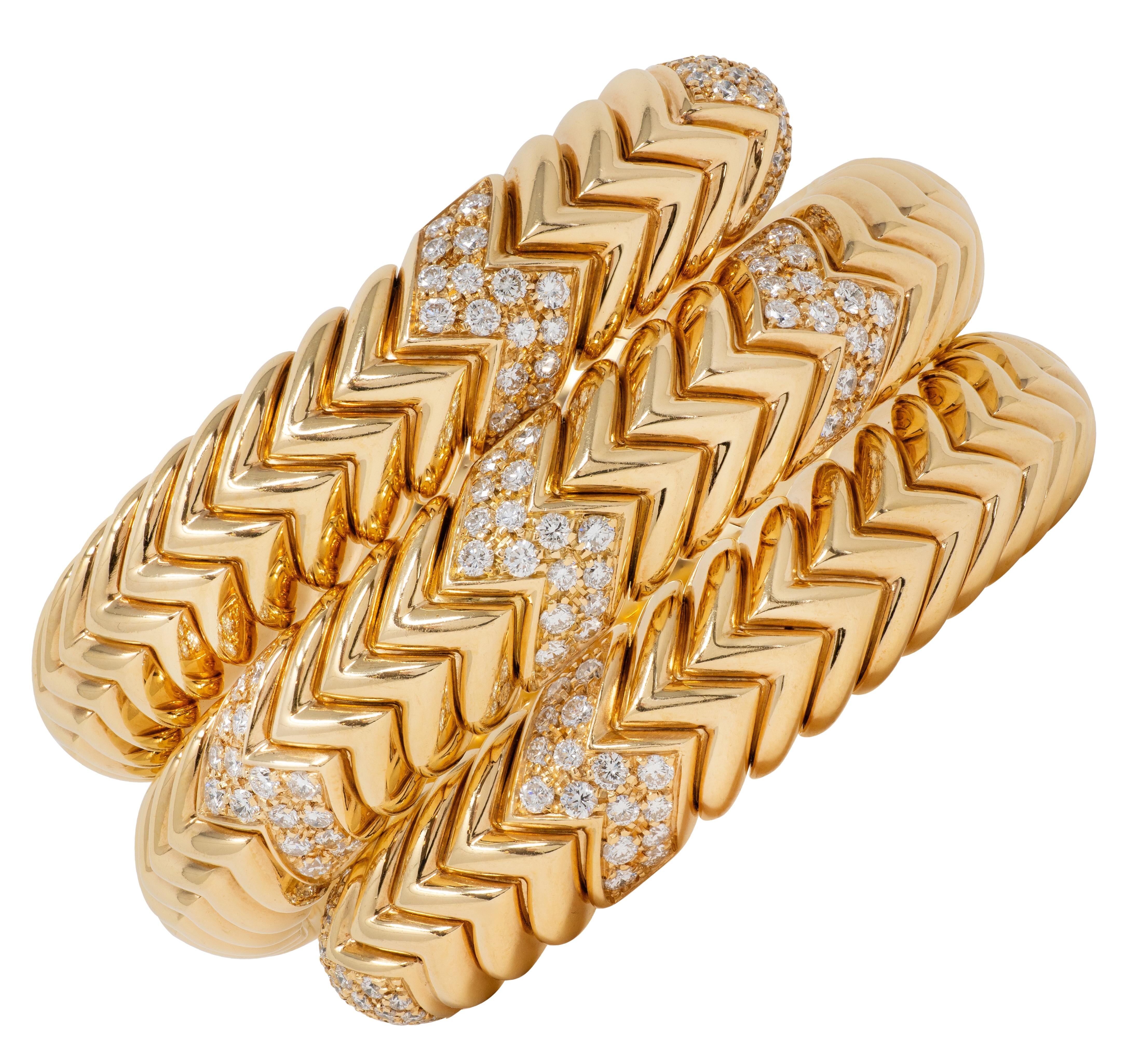 Bvlgari French 1970's Diamond 18K Gold Yellow Vintage Triple Spiga Wrap Bracelet