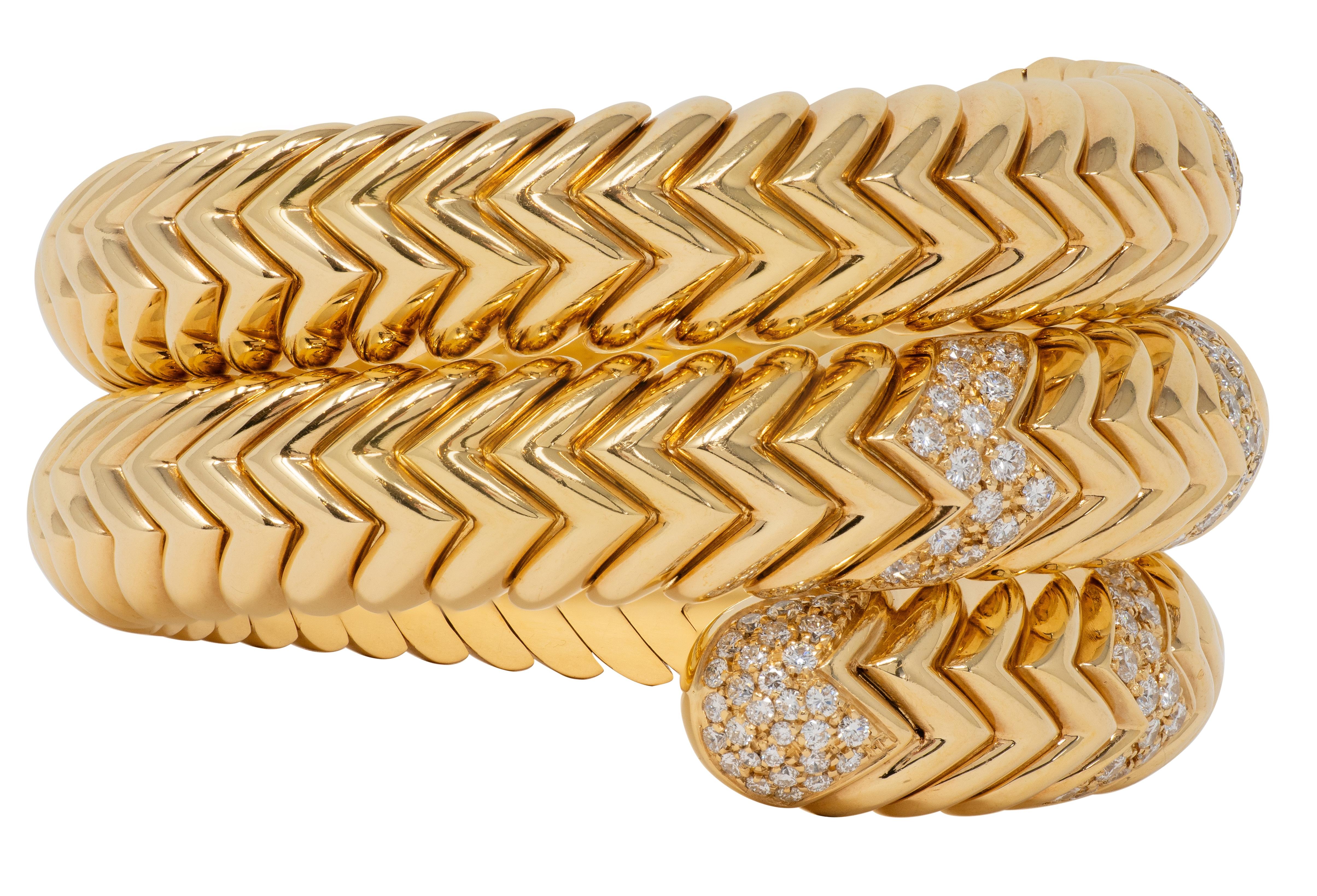 Bvlgari French 1970's Diamond 18K Gold Yellow Vintage Triple Spiga Wrap Bracelet