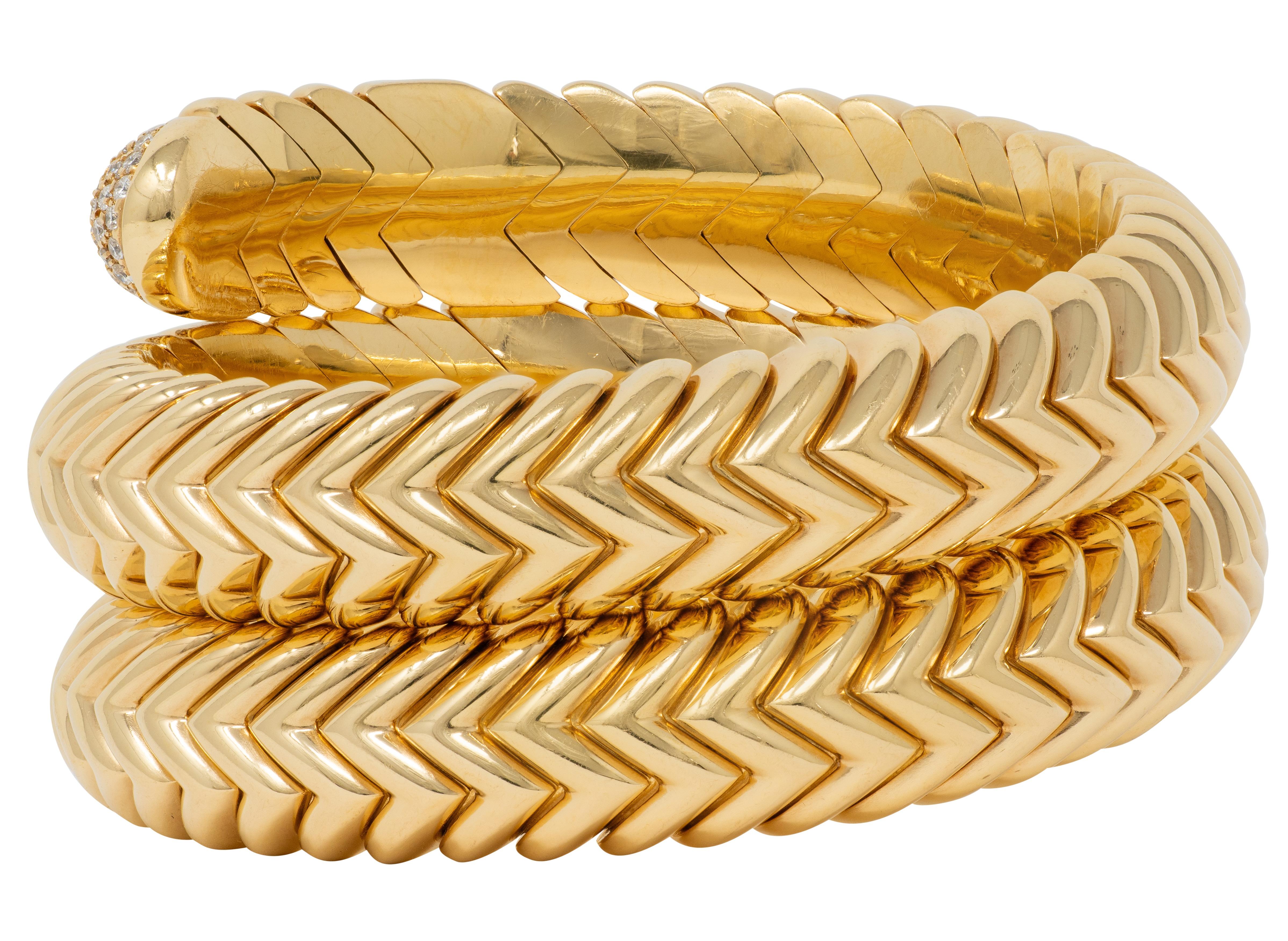 Bvlgari French 1970's Diamond 18K Gold Yellow Vintage Triple Spiga Wrap Bracelet