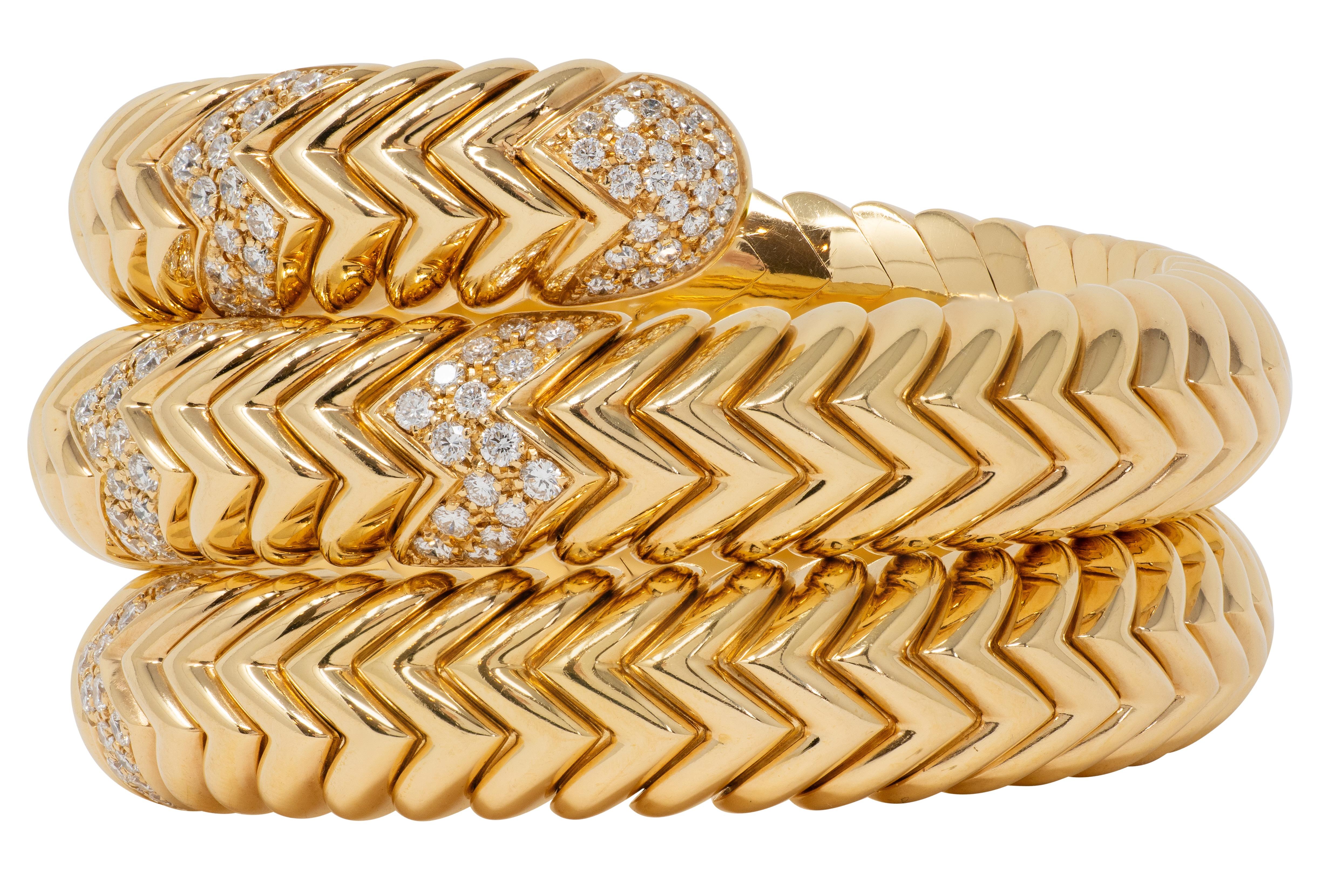 Bvlgari French 1970's Diamond 18K Gold Yellow Vintage Triple Spiga Wrap Bracelet