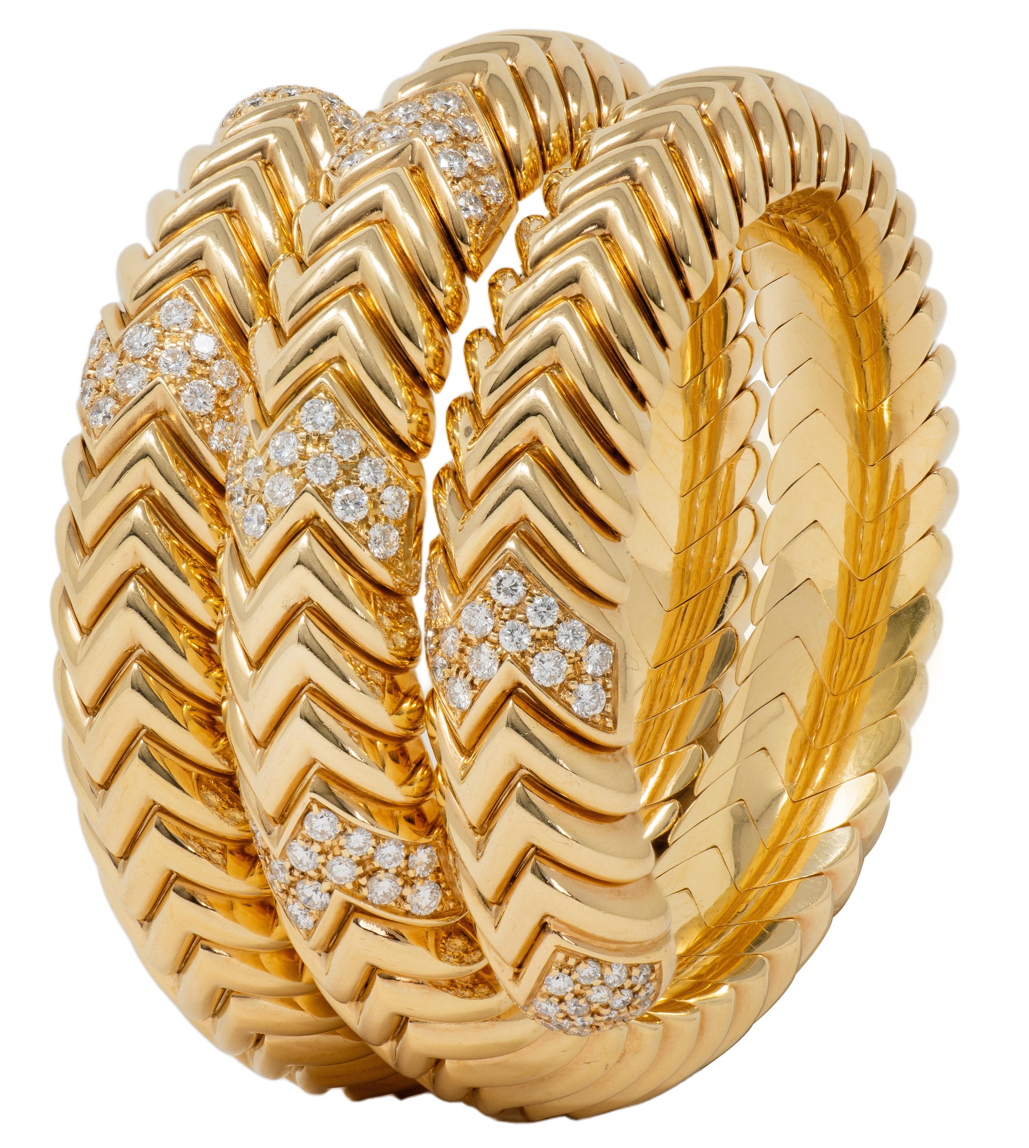 Bvlgari French 1970's Diamond 18K Gold Yellow Vintage Triple Spiga Wrap Bracelet
