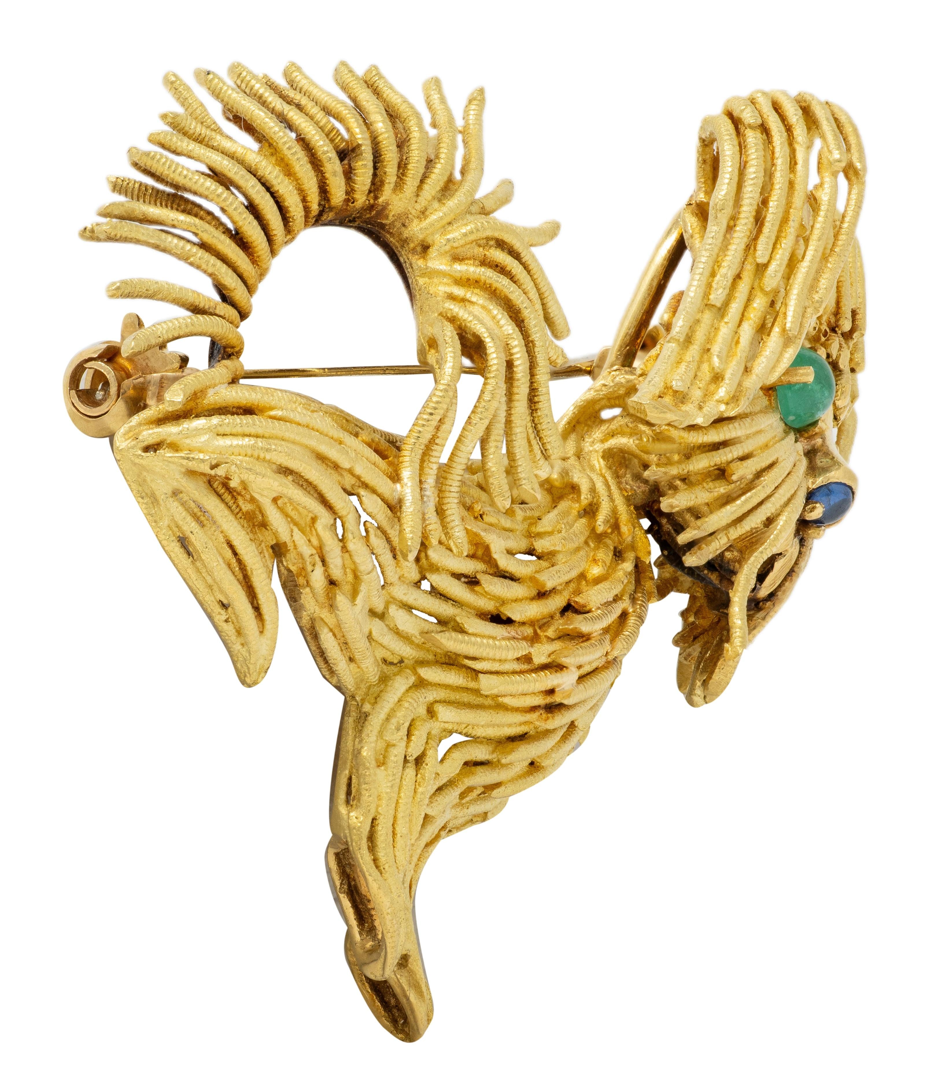 Cartier 1960's Sapphire Emerald 18 Karat Yellow Gold Vintage Wire Dog Brooch