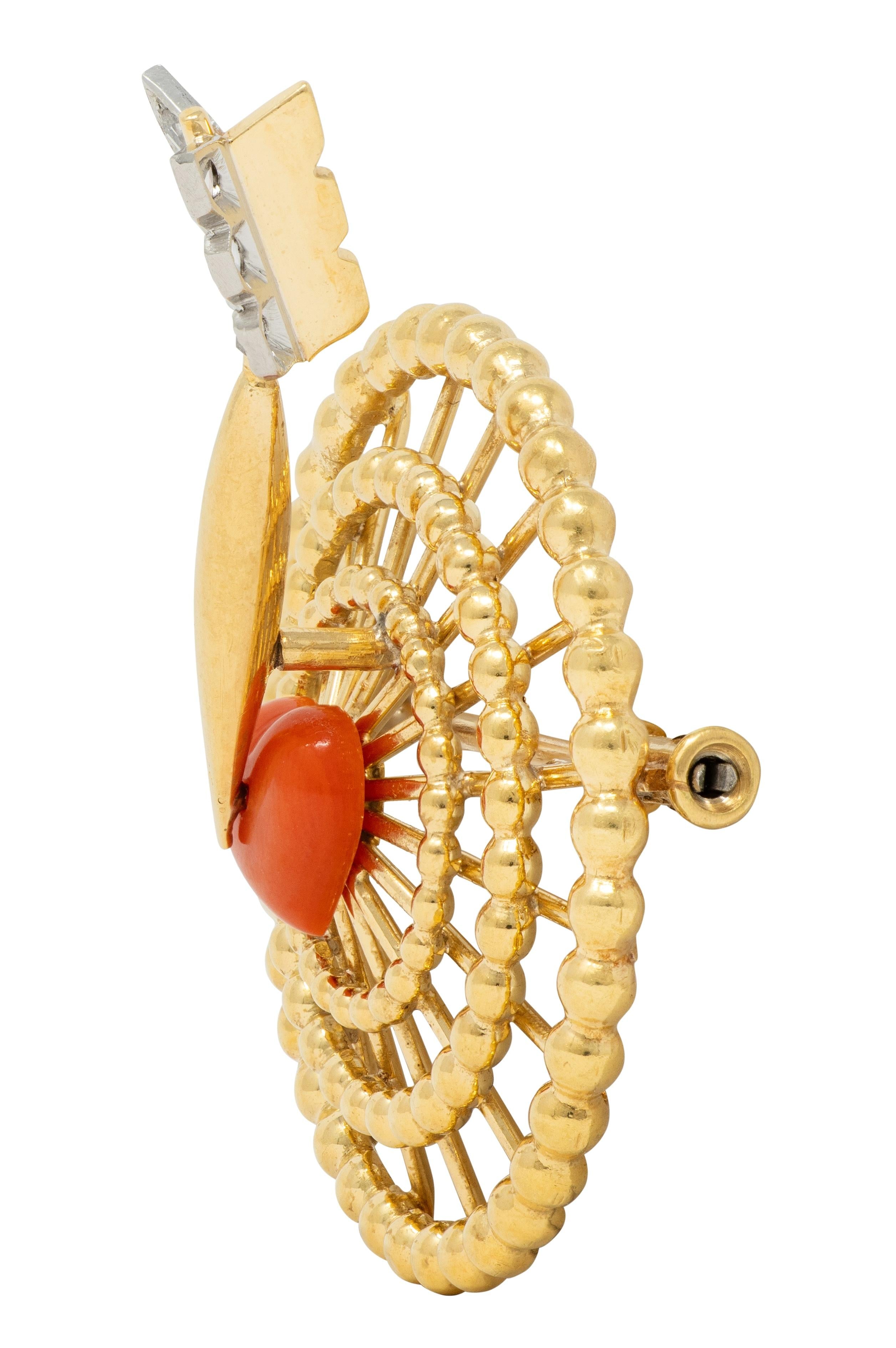 Cartier Paris 1940's Diamond Coral Platinum 18K Gold Vintage Heart Target Brooch