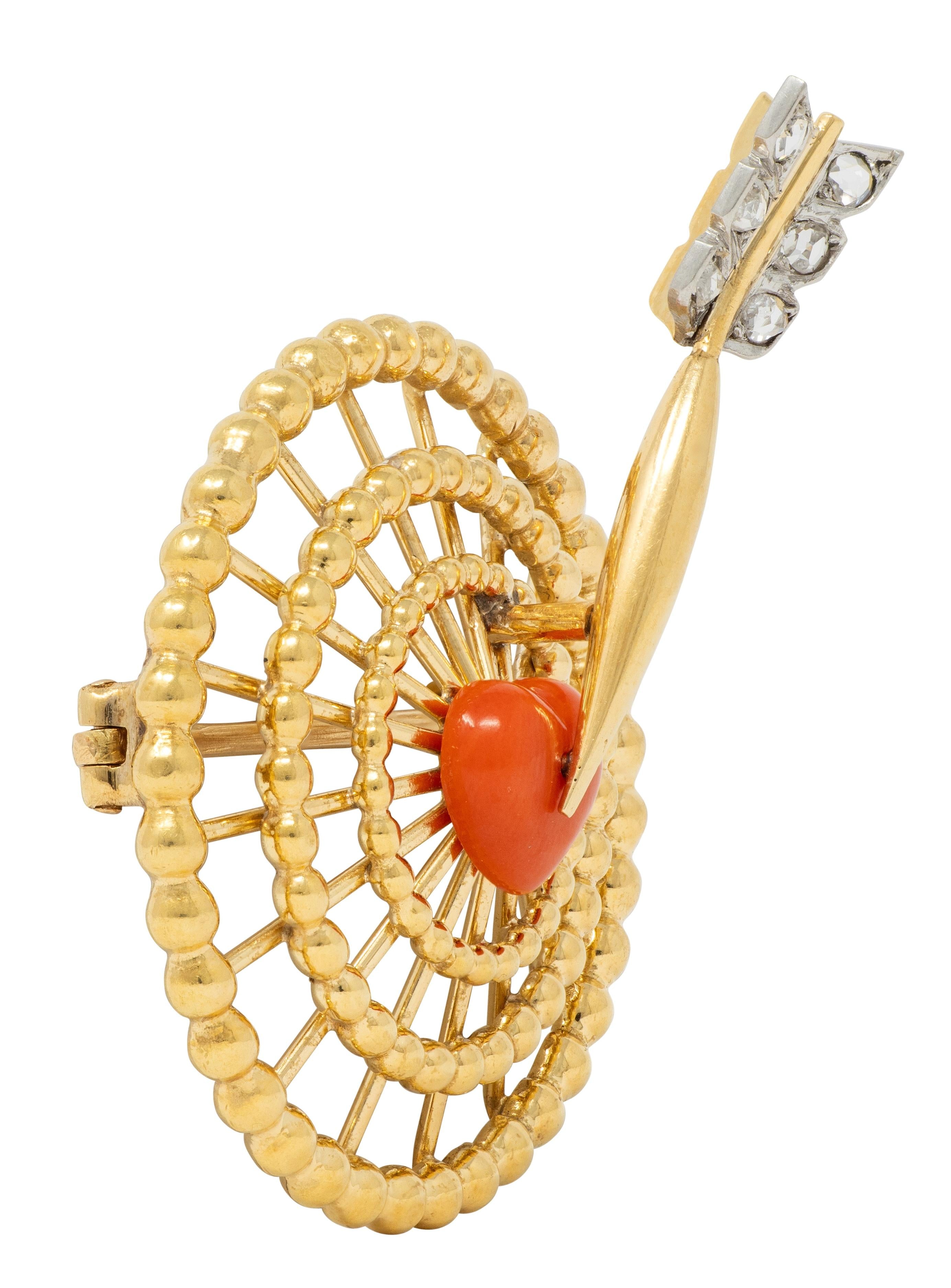 Cartier Paris 1940's Diamond Coral Platinum 18K Gold Vintage Heart Target Brooch