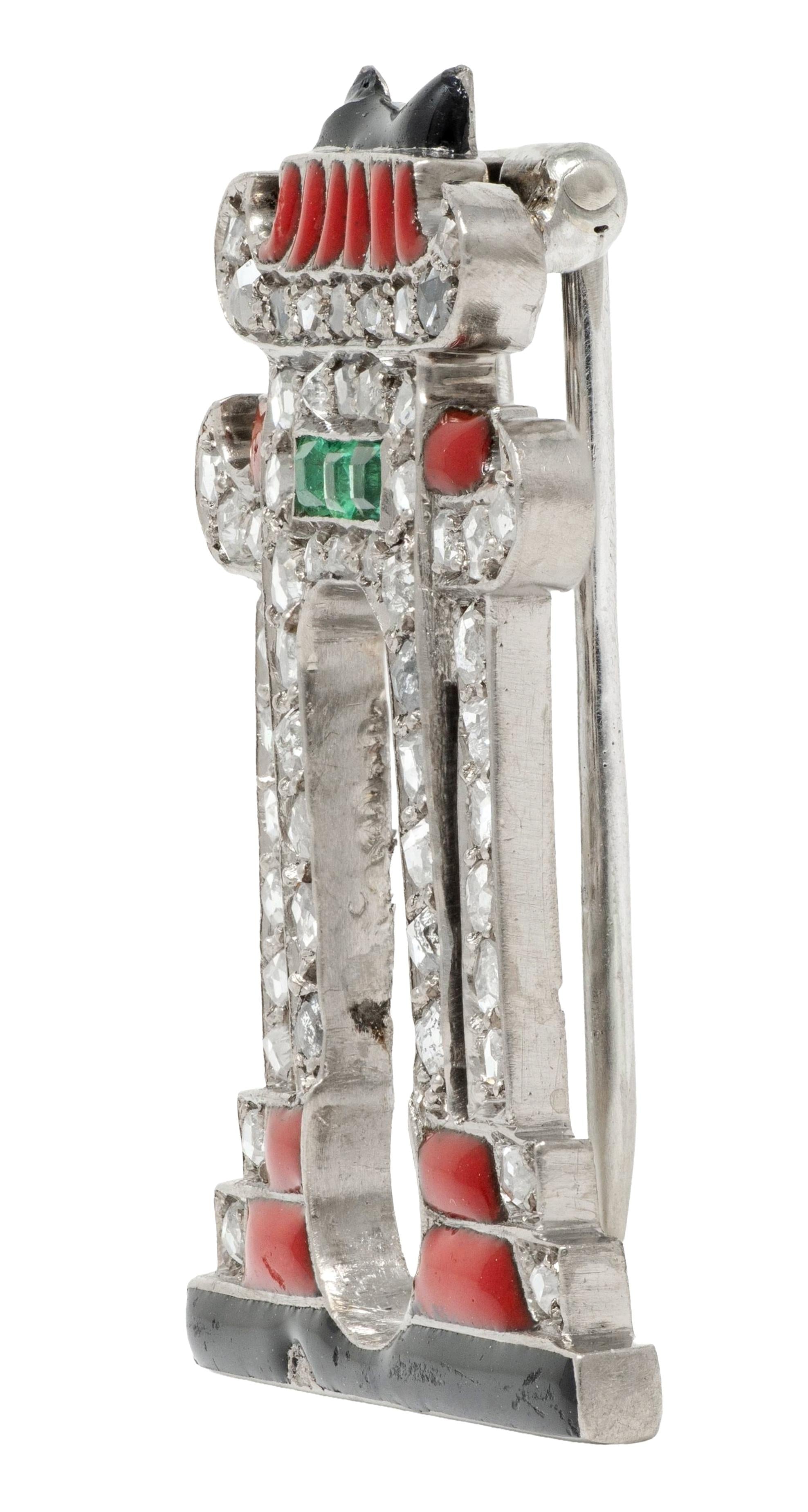 Ghiso Paris Art Deco Diamond Emerald Enamel Platinum Pagoda Antique Brooch