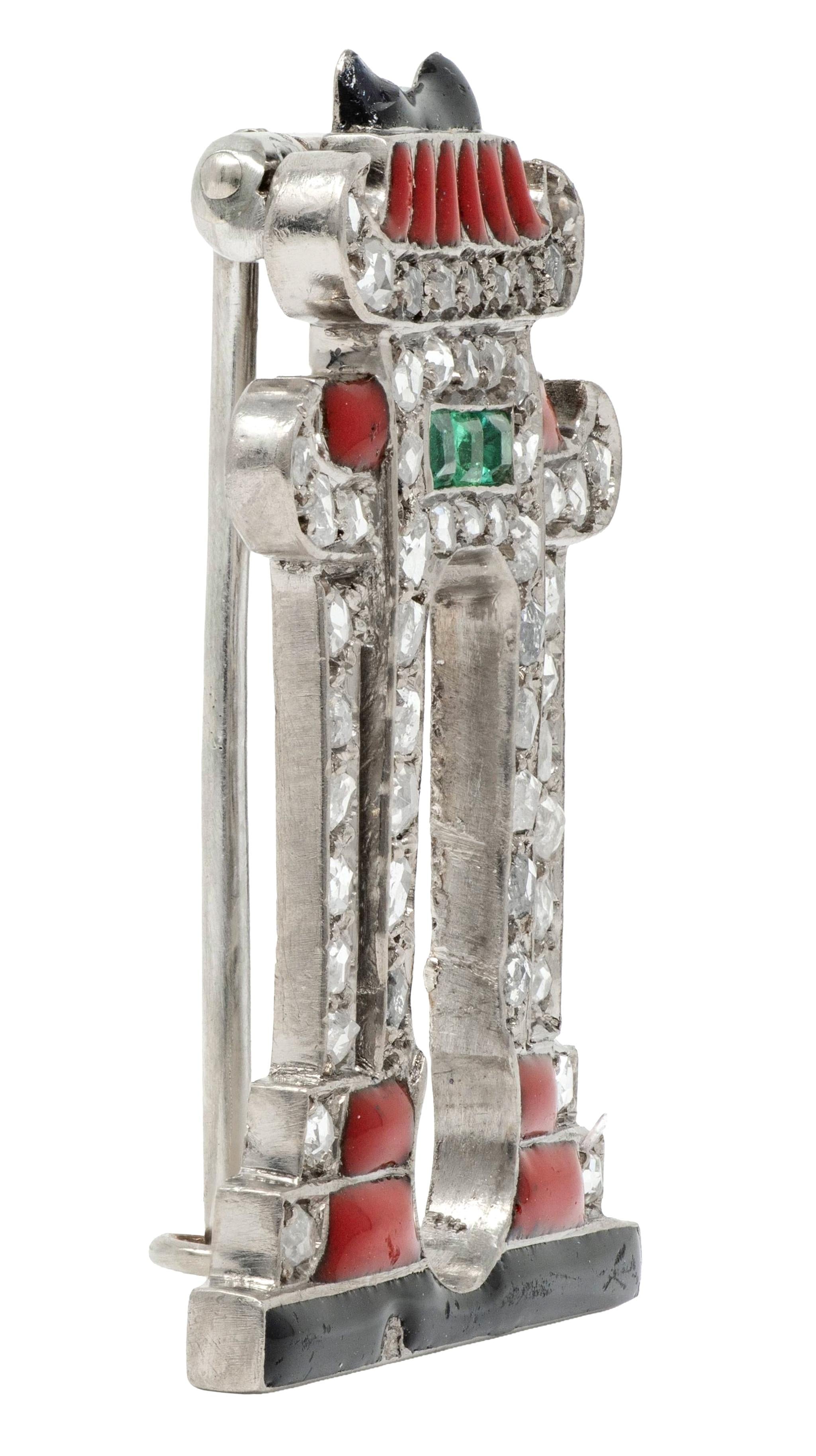 Ghiso Paris Art Deco Diamond Emerald Enamel Platinum Pagoda Antique Brooch