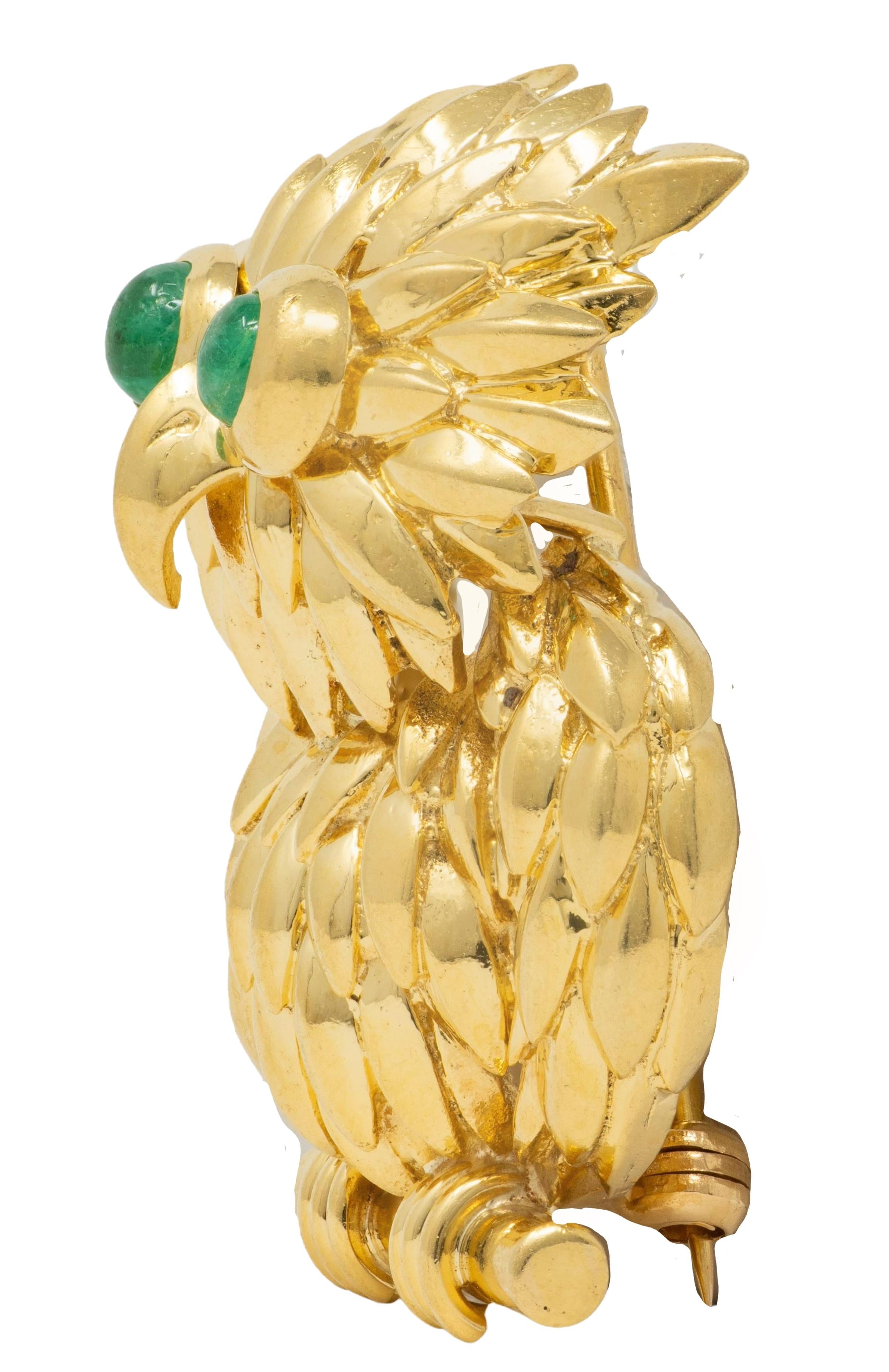 Tiffany & Co. 1980's Emerald 18 Karat Yellow Gold Vintage Owl Brooch