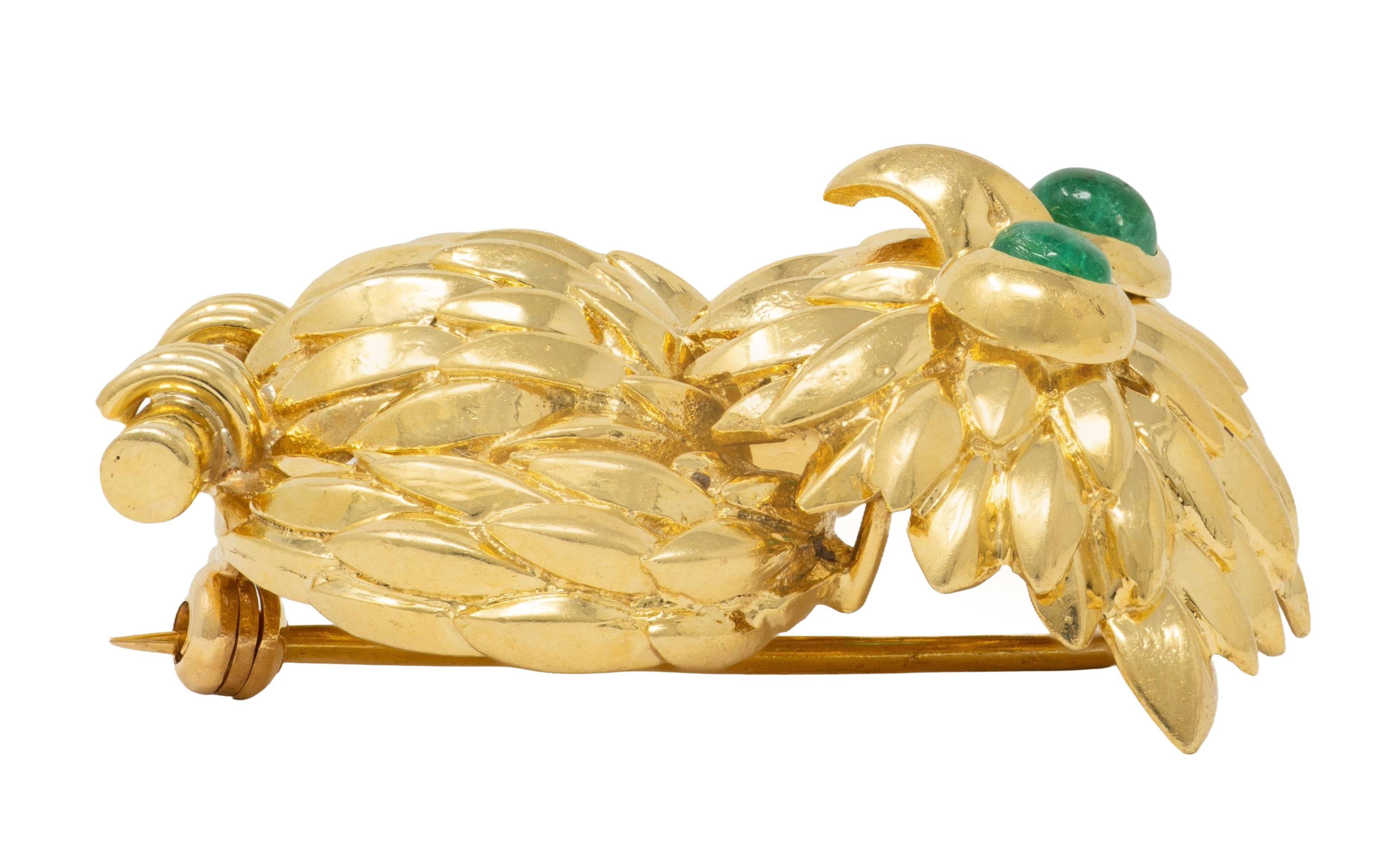 Tiffany & Co. 1980's Emerald 18 Karat Yellow Gold Vintage Owl Brooch