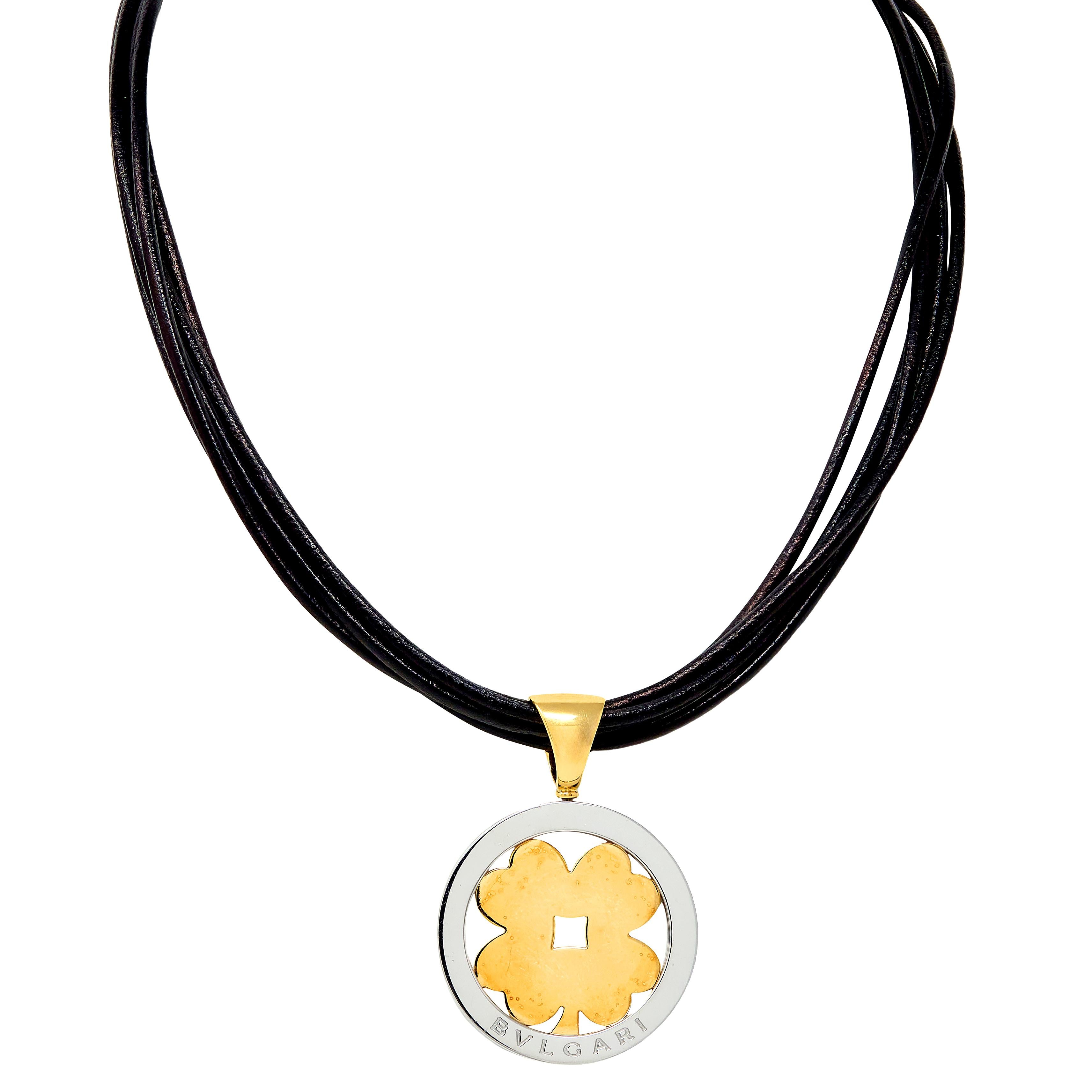 Bulgari 1990's 18K Gold Steel Leather Cord Tondo Clover Vintage Pendant Necklace