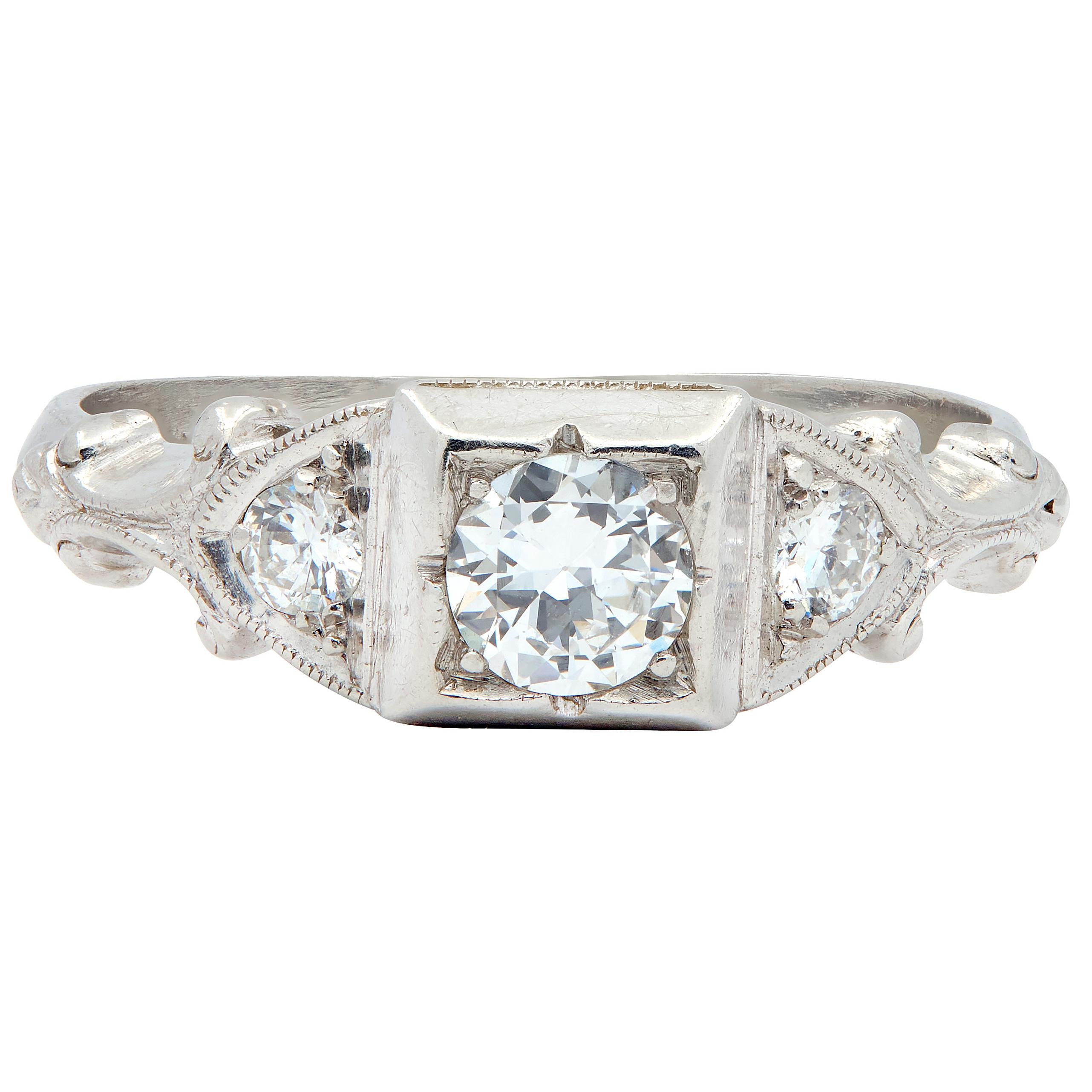 Art Deco European Diamond Platinum Vintage Scrolling Shoulders Engagement Ring