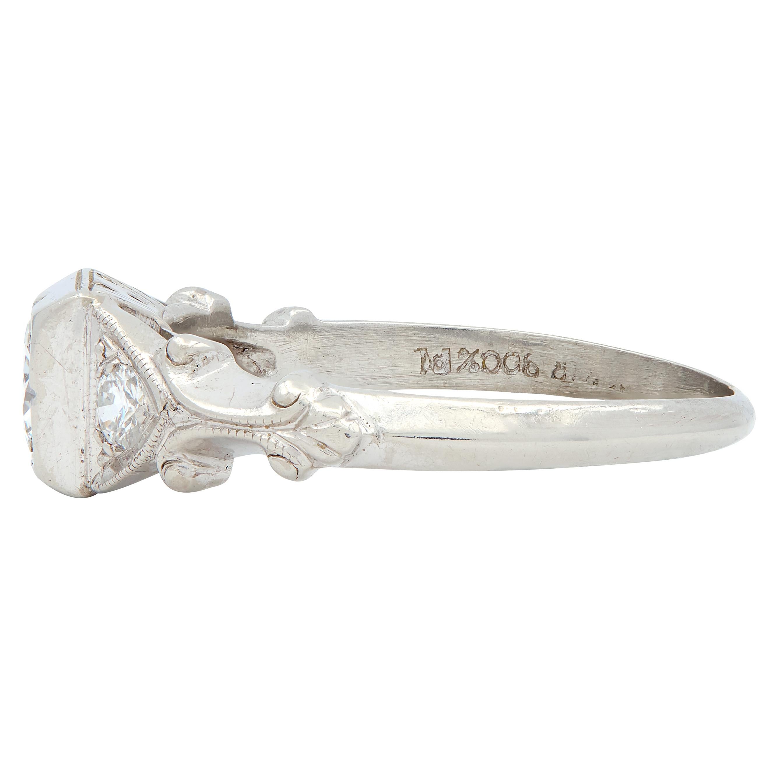 Art Deco European Diamond Platinum Vintage Scrolling Shoulders Engagement Ring