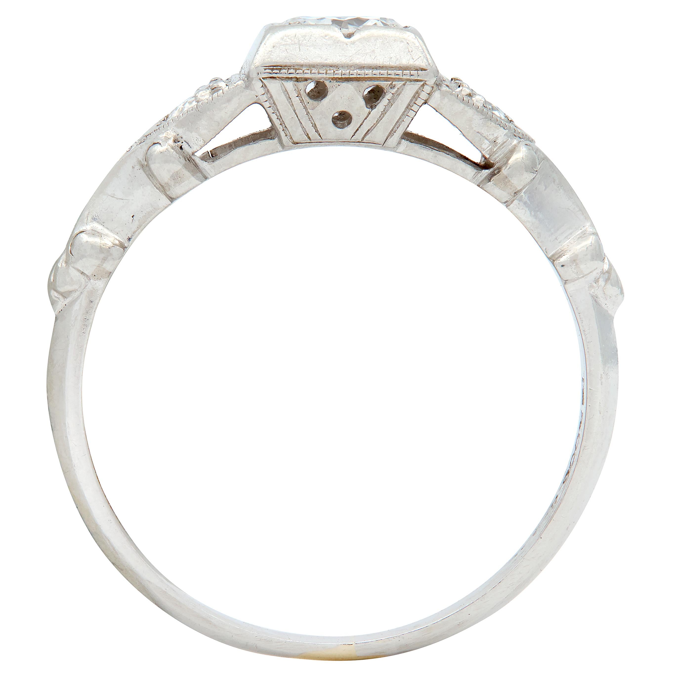 Art Deco European Diamond Platinum Vintage Scrolling Shoulders Engagement Ring