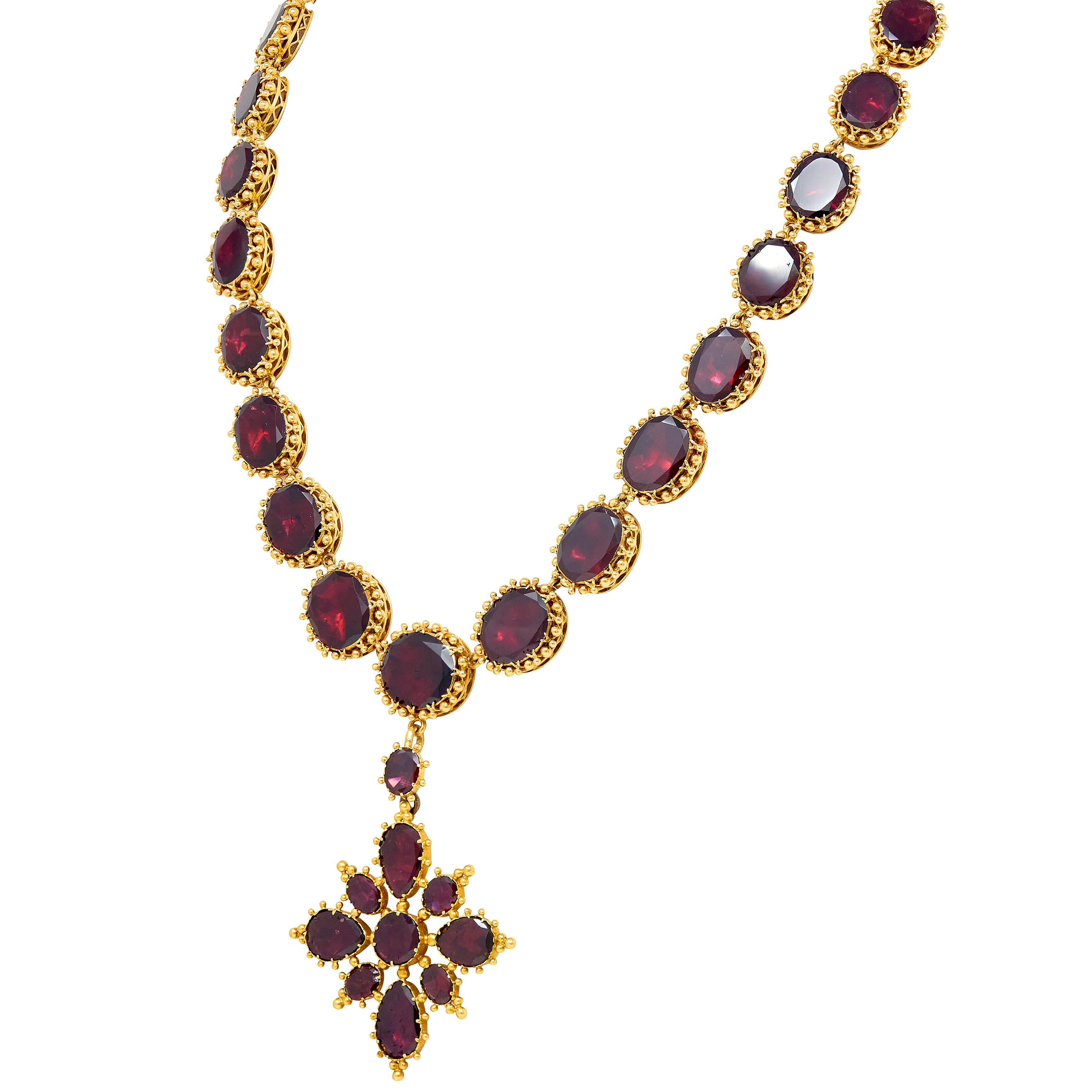 Georgian Garnet 18 Karat Yellow Gold Antique Graduated Cross Pendant Necklace