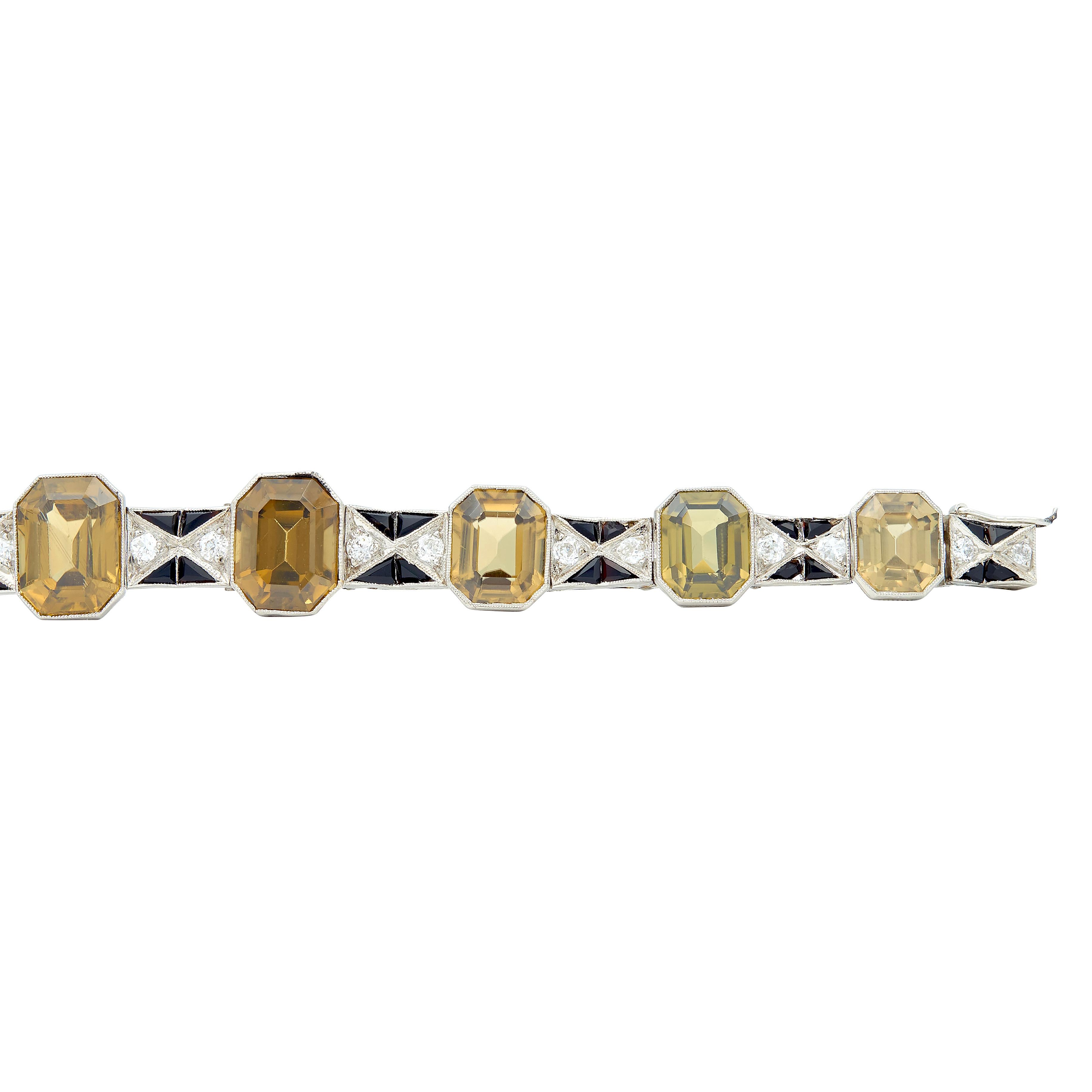 Menner Art Deco Zircon Diamond Onyx Platinum Vintage Geometric Line Bracelet