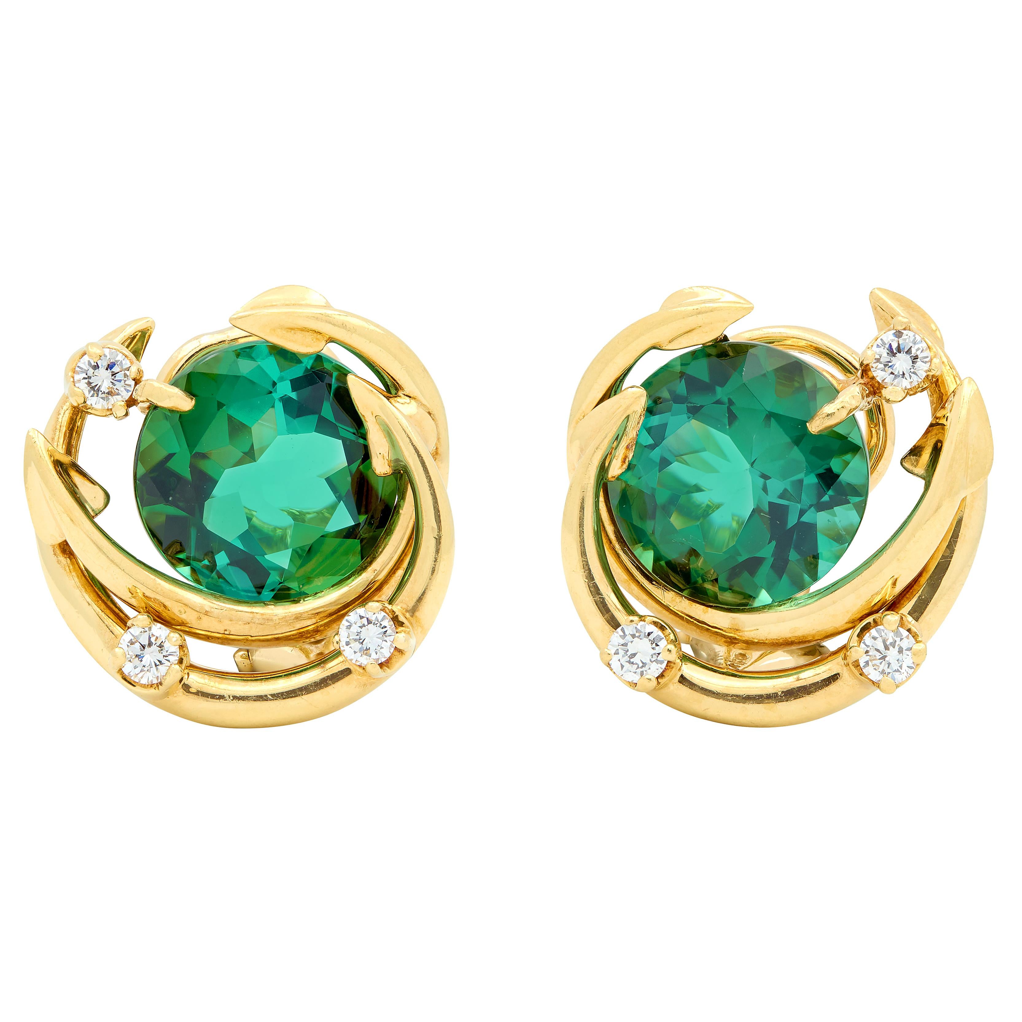 Tiffany & Co. 2000's Tourmaline Diamond 18K Gold Contemporary Swirl Earrings