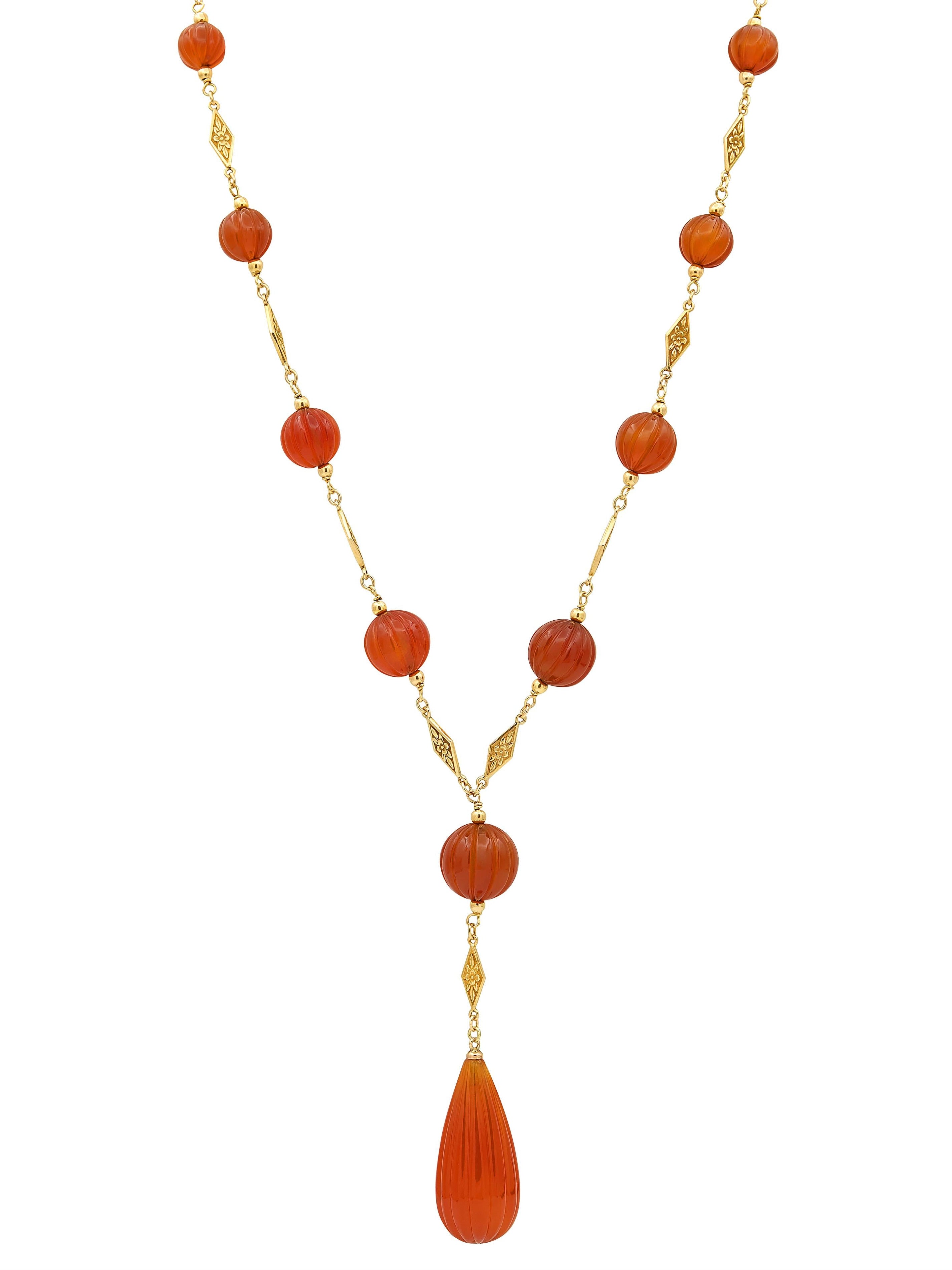 Early Art Deco Carnelian 14K Gold Antique Orange Blossom Sautoir Necklace