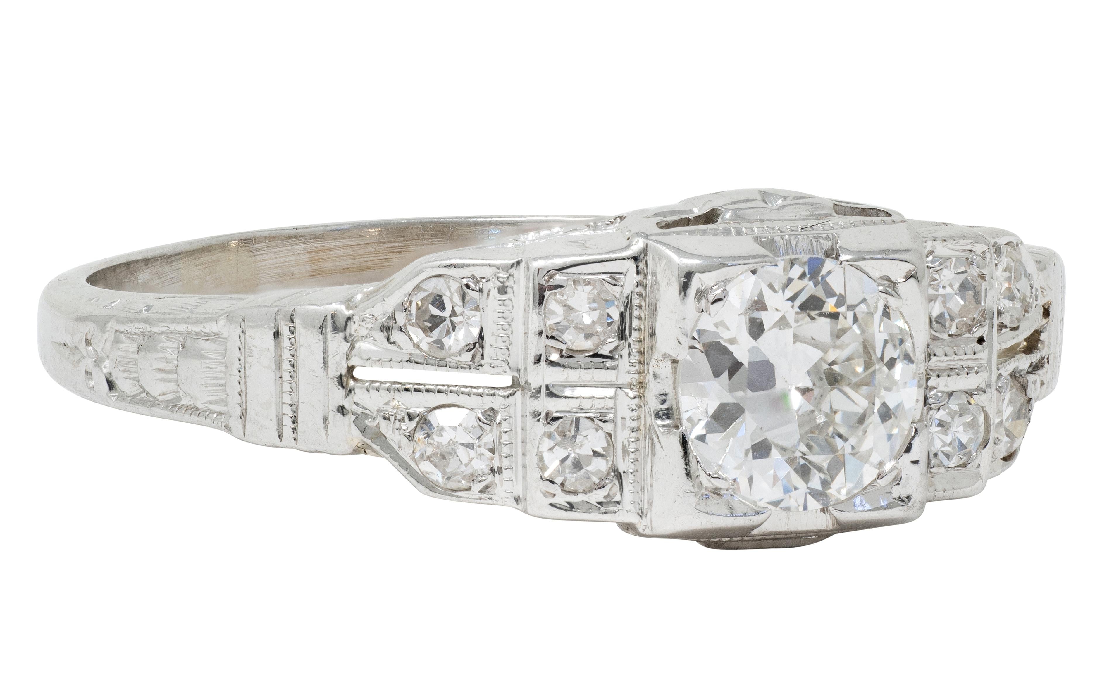 Art Deco Old European Cut Diamond 18 Karat Gold Vintage Stepped Engagement Ring