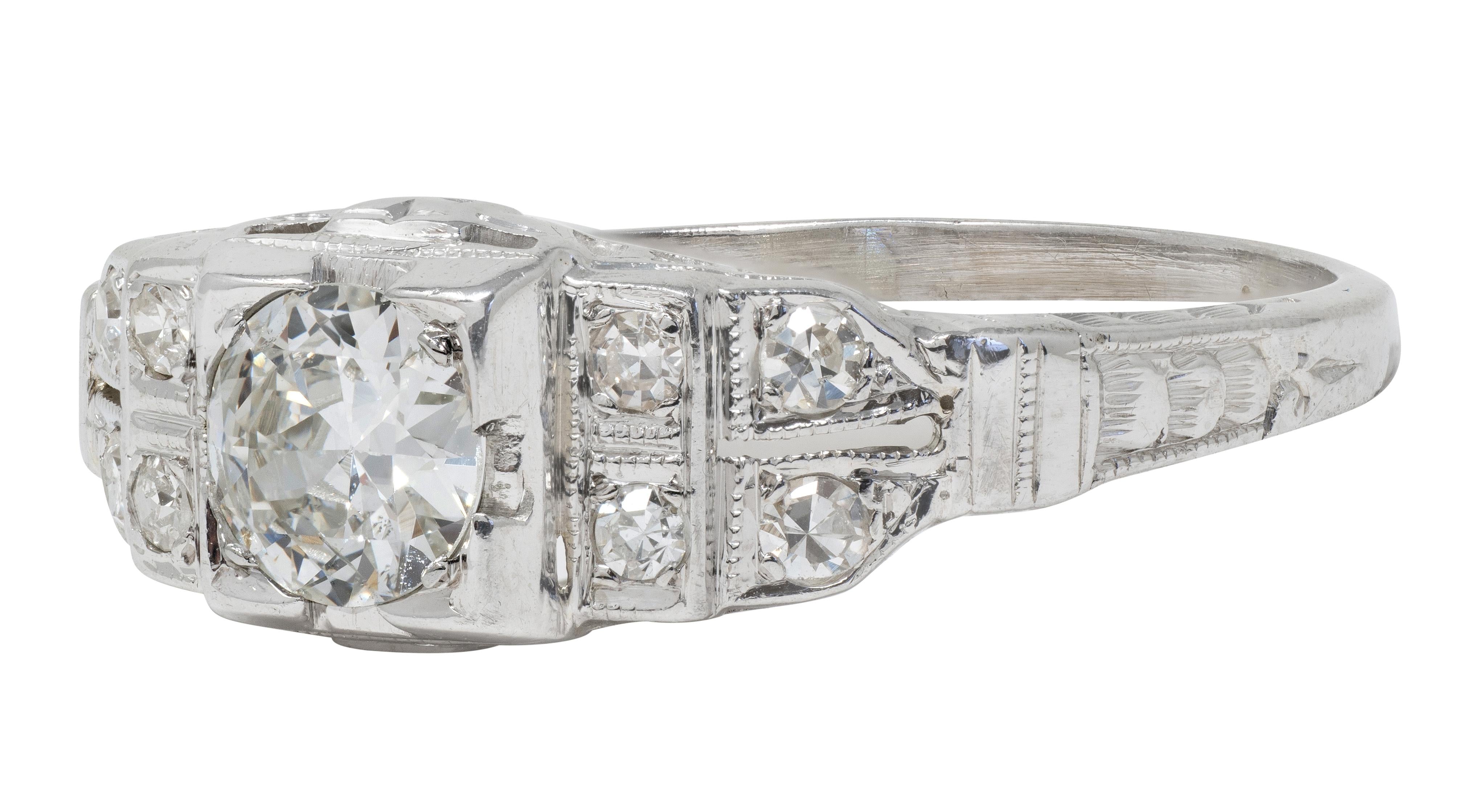 Art Deco Old European Cut Diamond 18 Karat Gold Vintage Stepped Engagement Ring