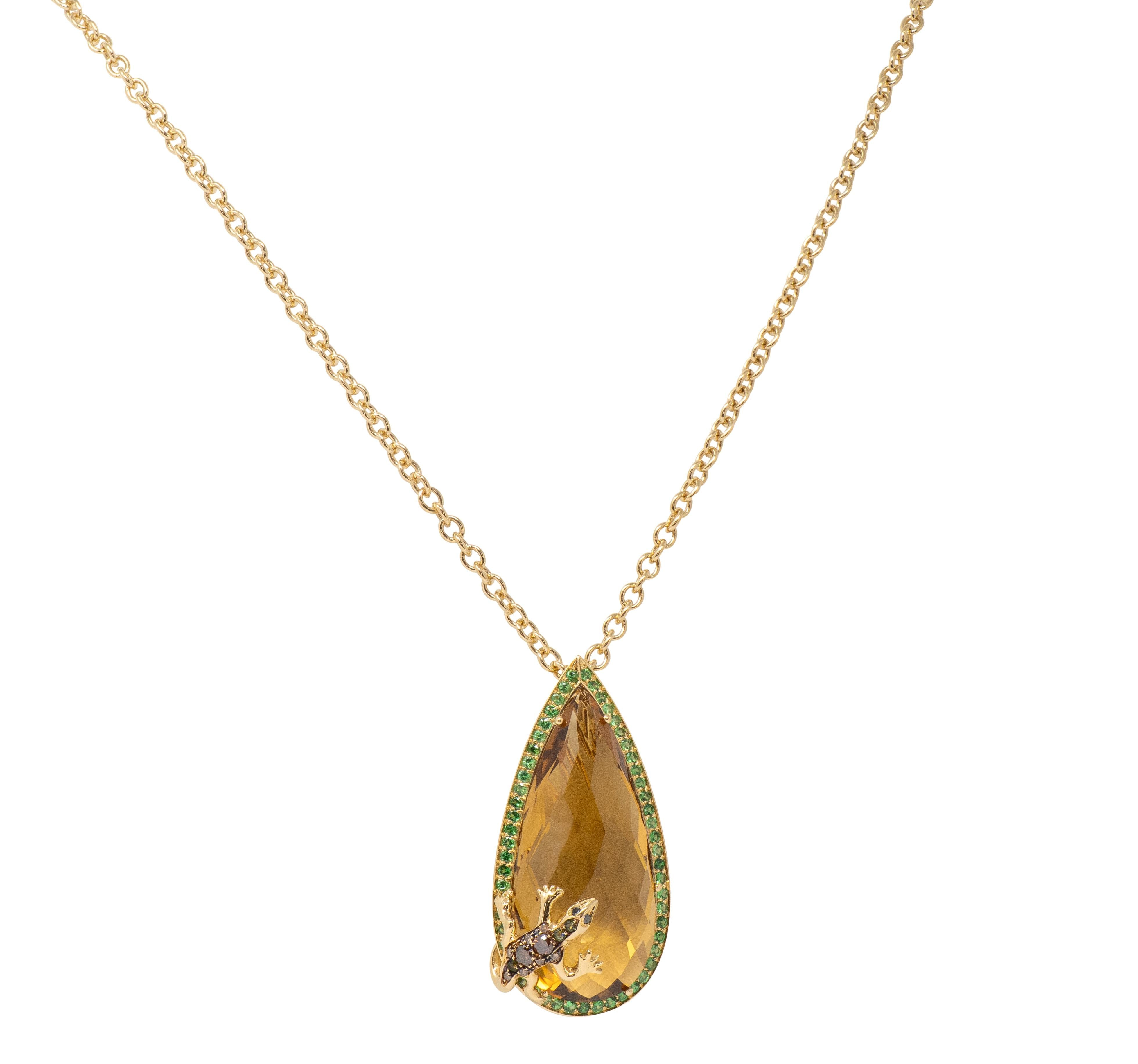 Citrine Demantoid Garnet Diamond 18K Gold Contemporary Lizard Pendant Necklace