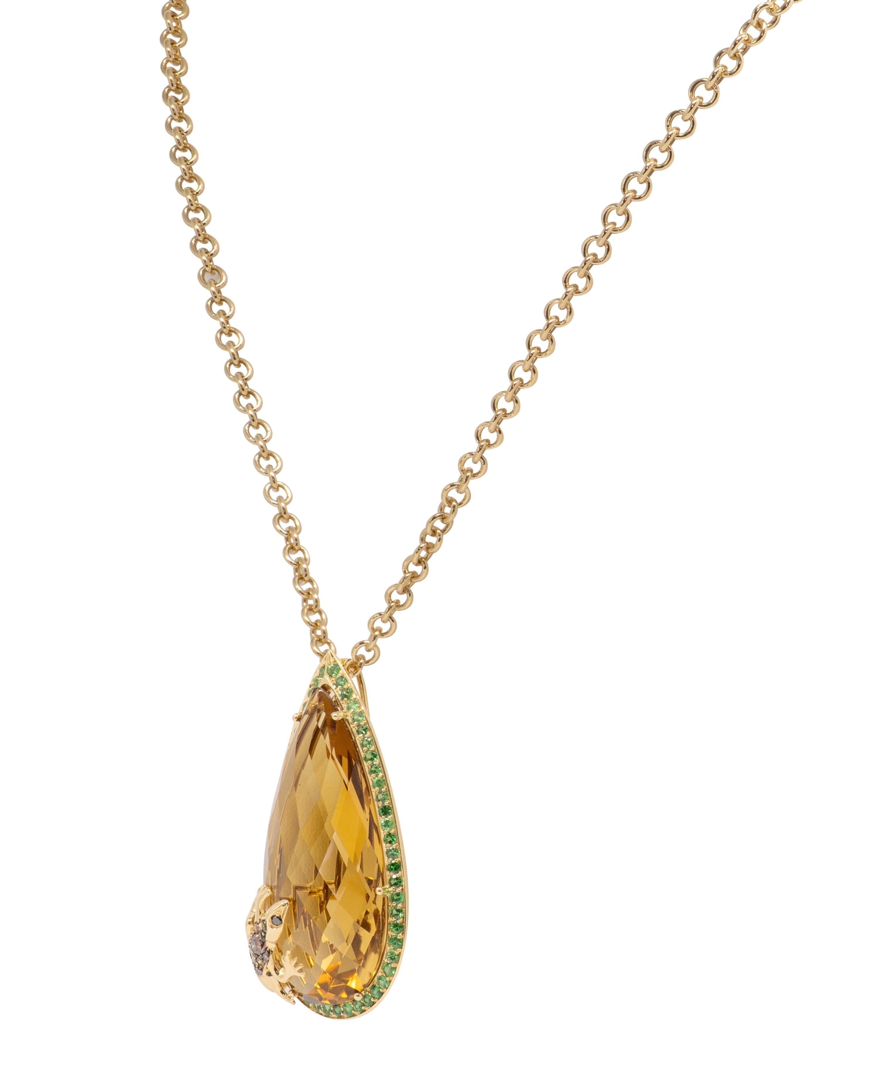 Citrine Demantoid Garnet Diamond 18K Gold Contemporary Lizard Pendant Necklace