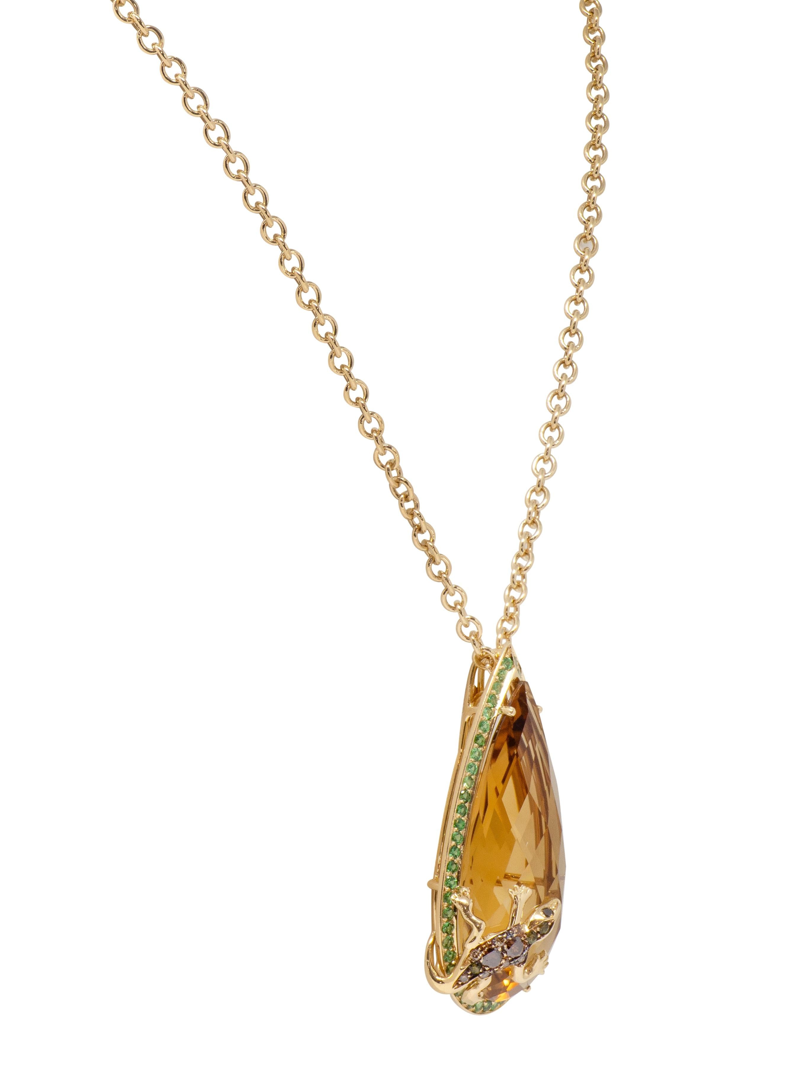 Citrine Demantoid Garnet Diamond 18K Gold Contemporary Lizard Pendant Necklace