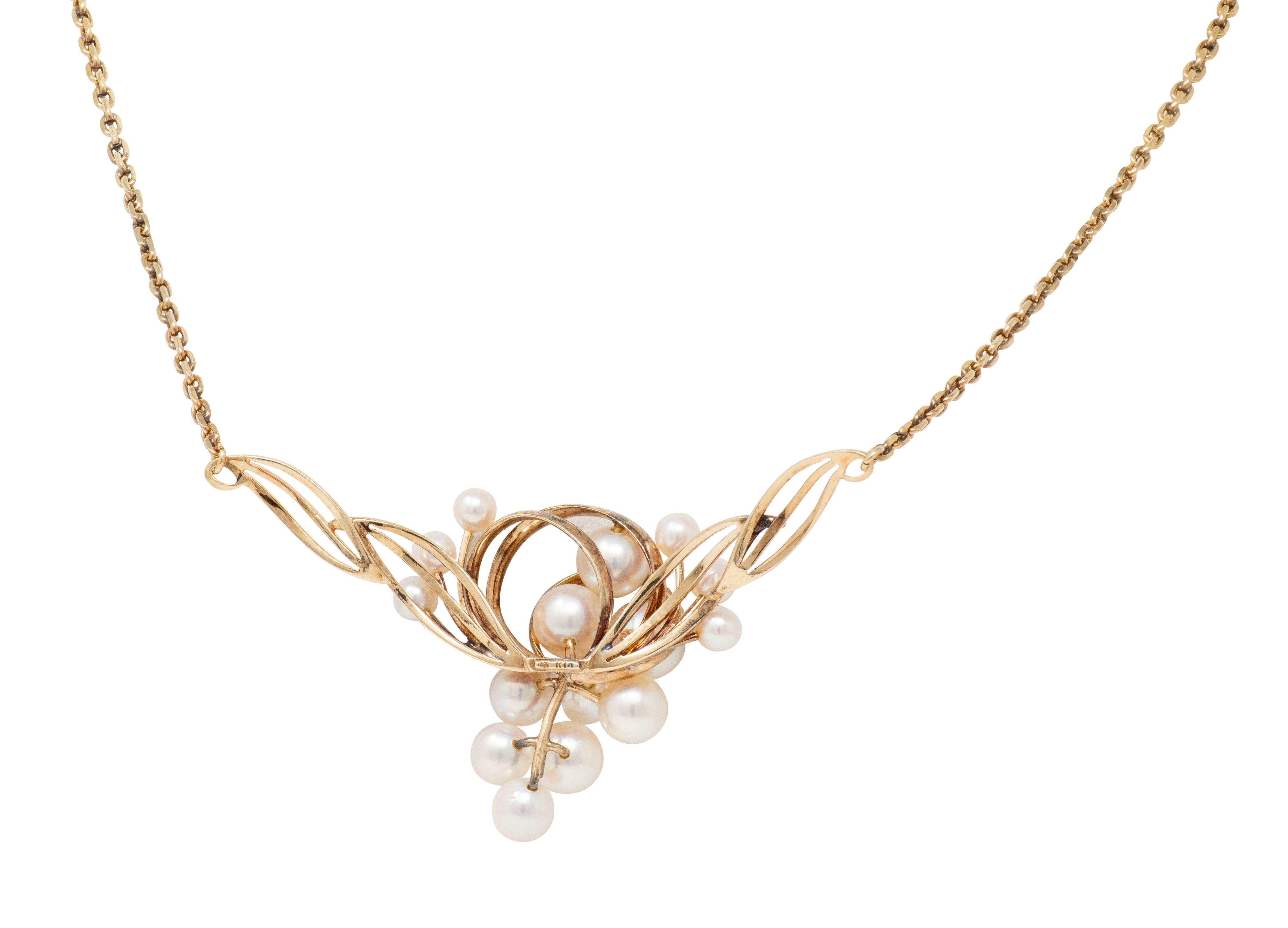 Mikimoto 1940's Retro Pearl 14K Yellow Gold Vintage Scrolling Station Necklace