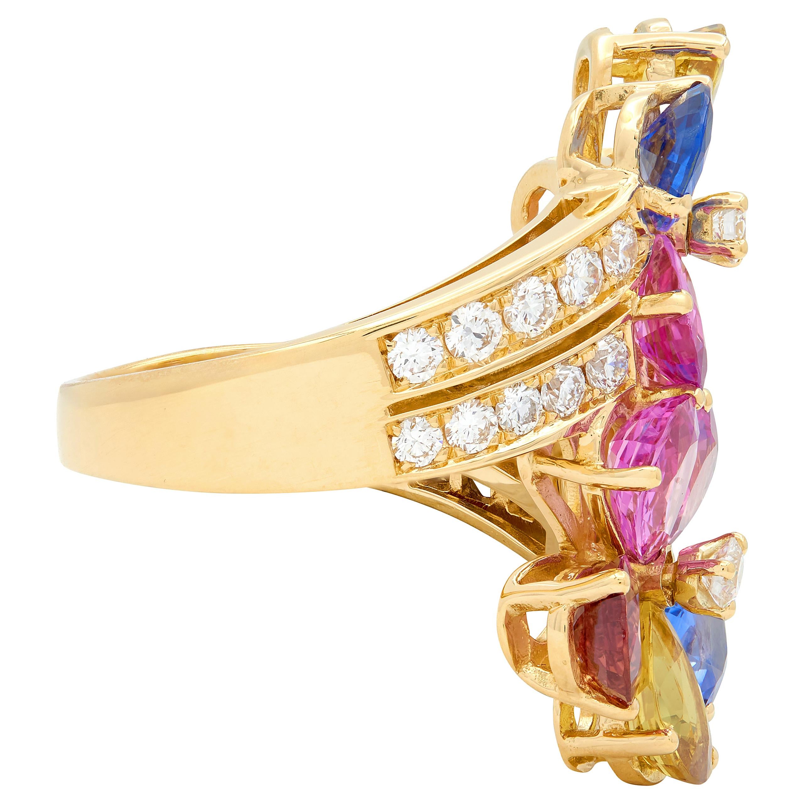 Bulgari 17.26 CTW Diamond Sapphire Flower 18K Yellow Gold Floral Bypass Ring