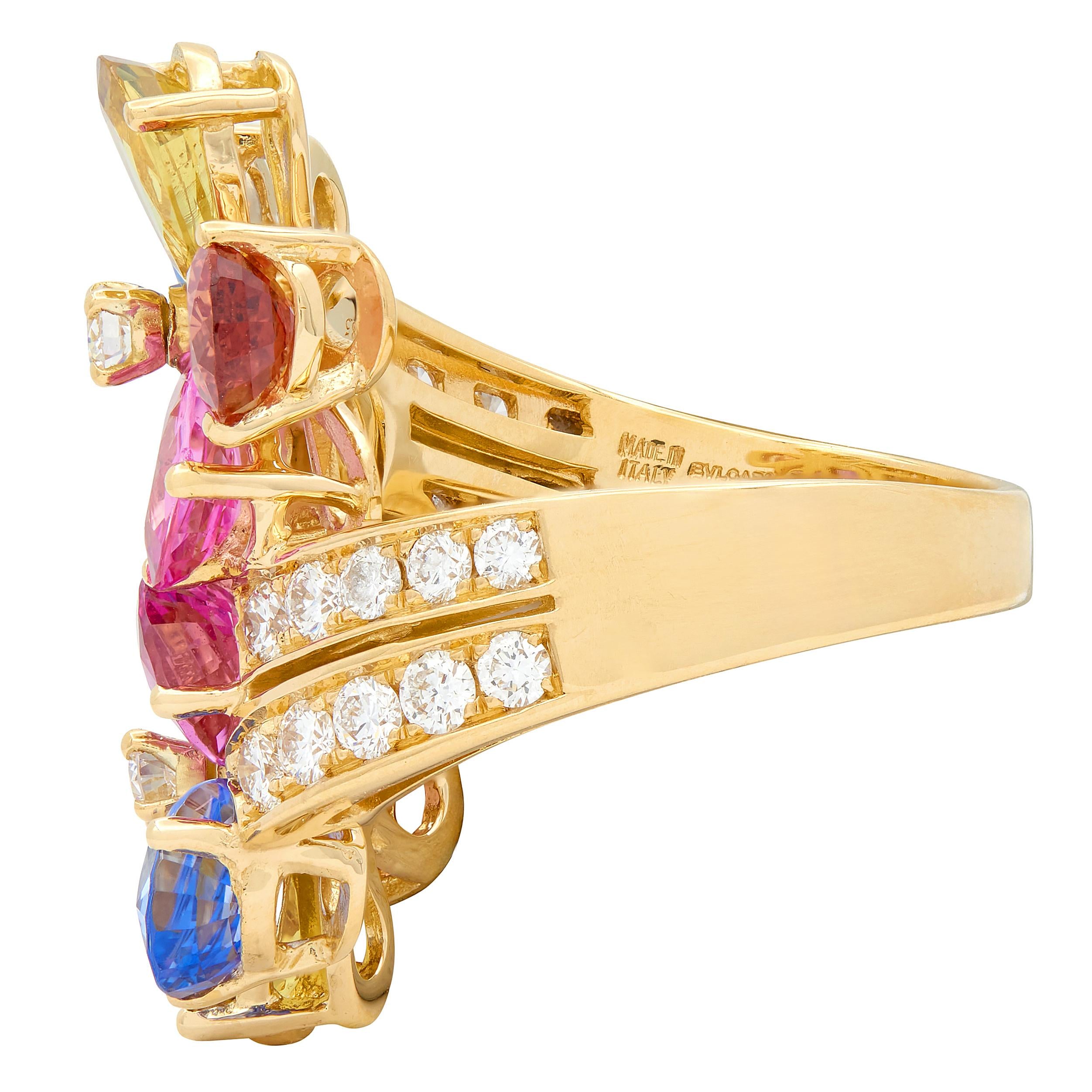 Bulgari 17.26 CTW Diamond Sapphire Flower 18K Yellow Gold Floral Bypass Ring