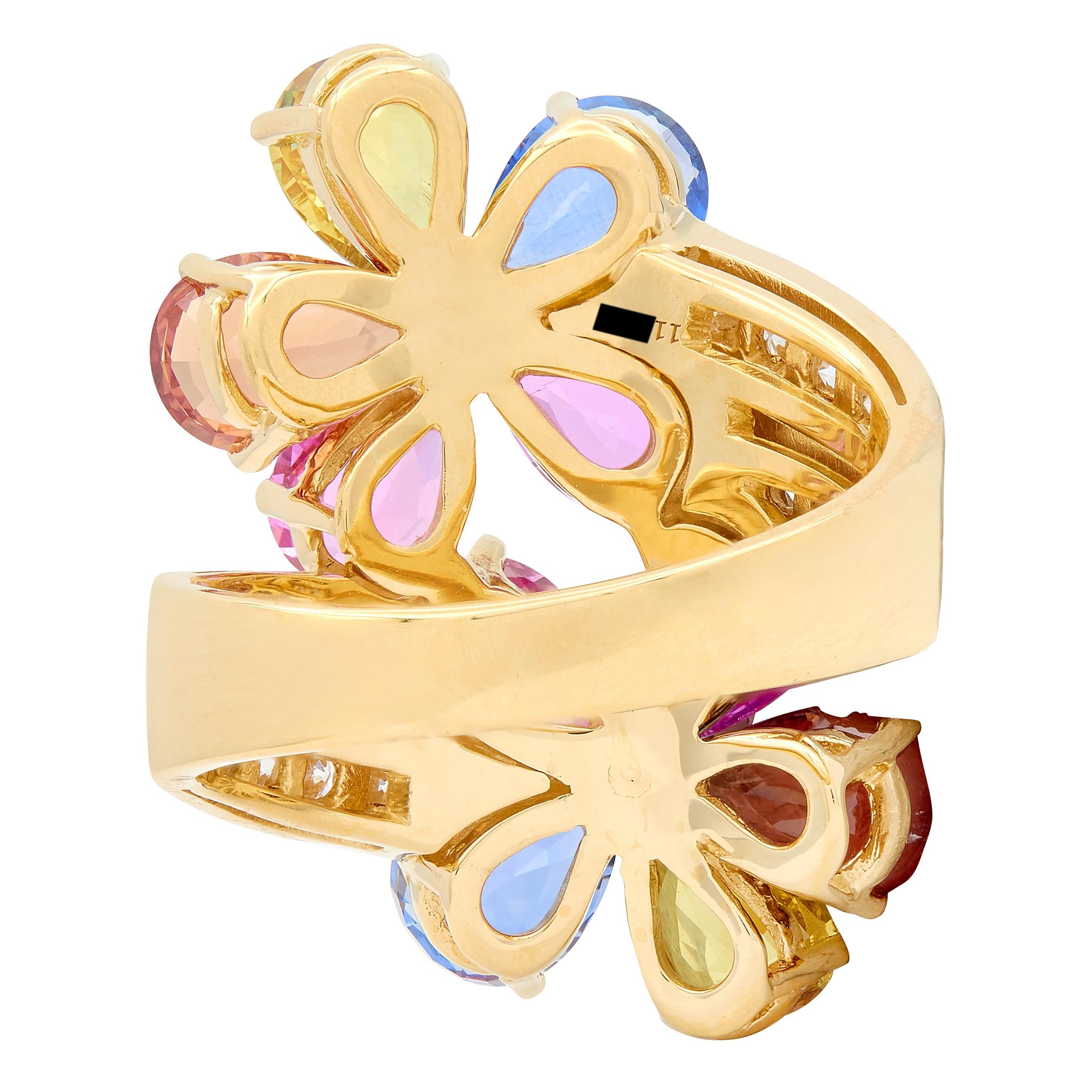 Bulgari 17.26 CTW Diamond Sapphire Flower 18K Yellow Gold Floral Bypass Ring