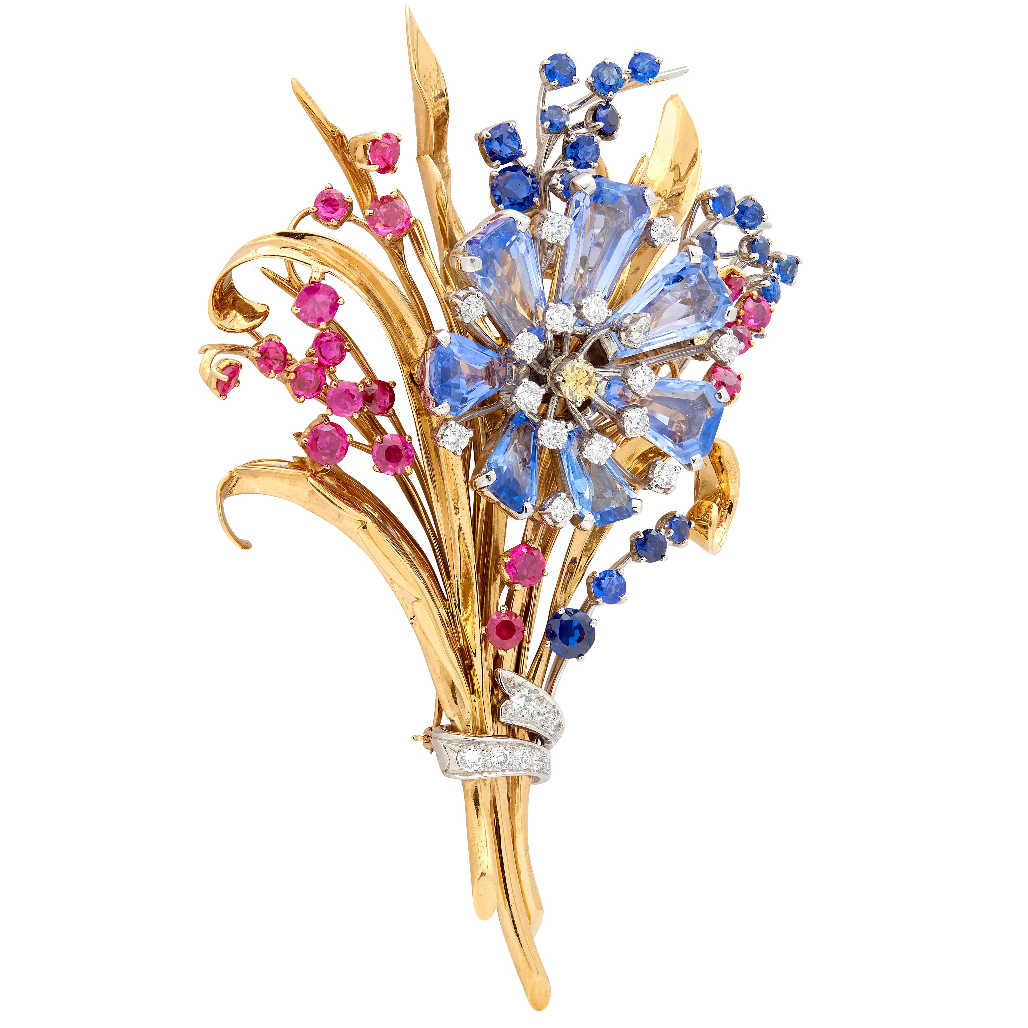 Tiffany & Co. Retro Diamond Sapphire Ruby 18K Gold Vintage Floral Bouquet Brooch