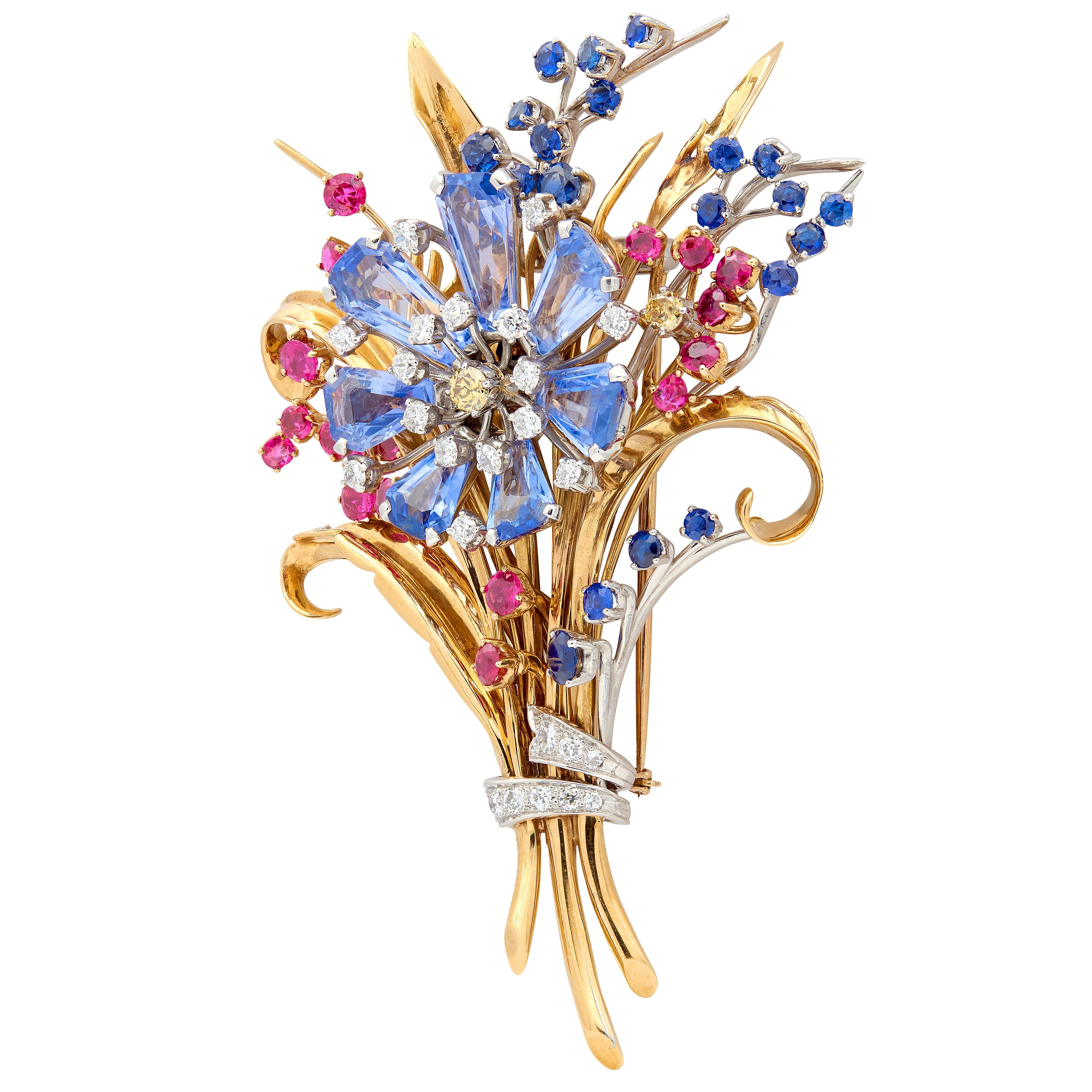 Tiffany & Co. Retro Diamond Sapphire Ruby 18K Gold Vintage Floral Bouquet Brooch