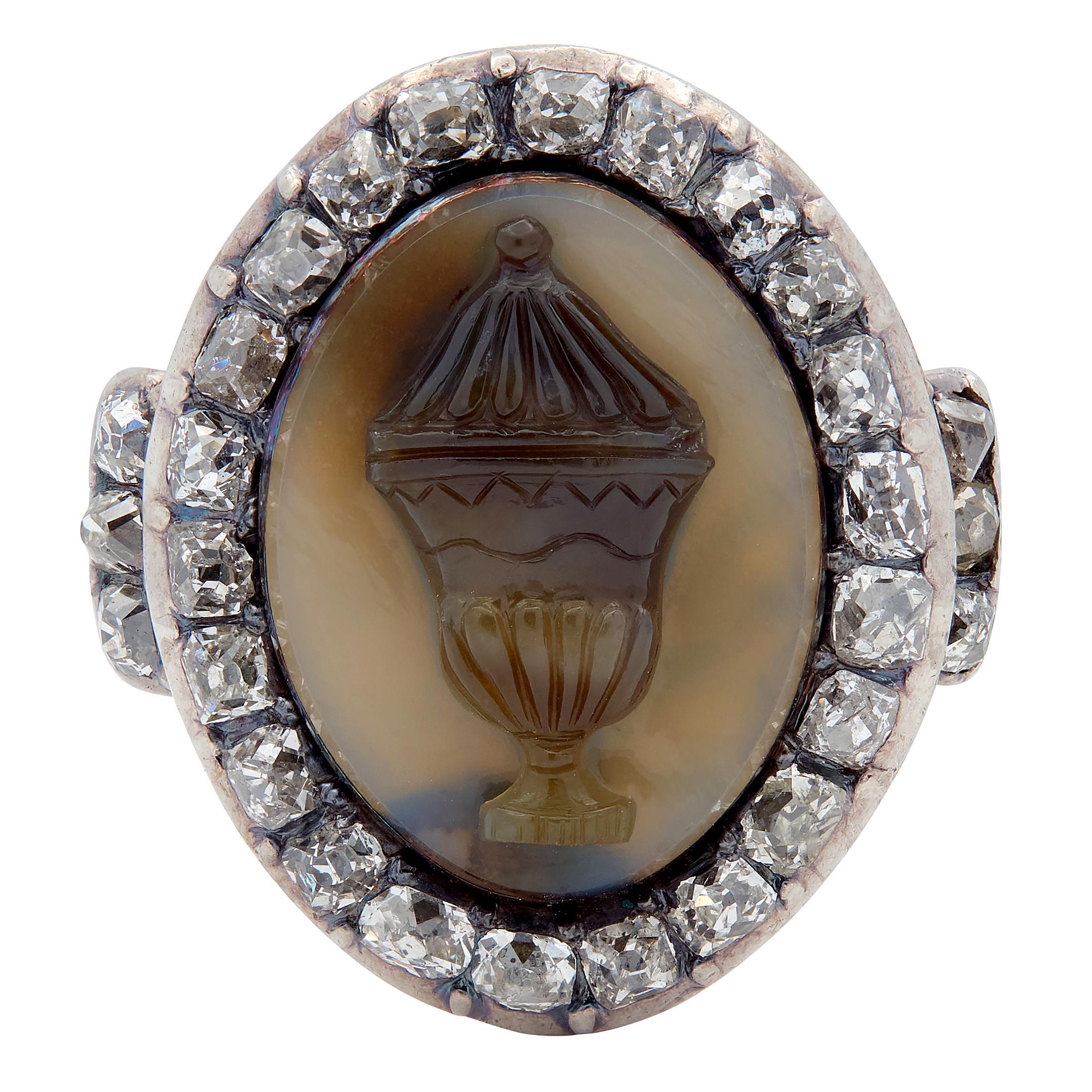 Georgian Diamond Agate 18K Yellow Gold Silver Antique Urn Cameo Mourning Ring