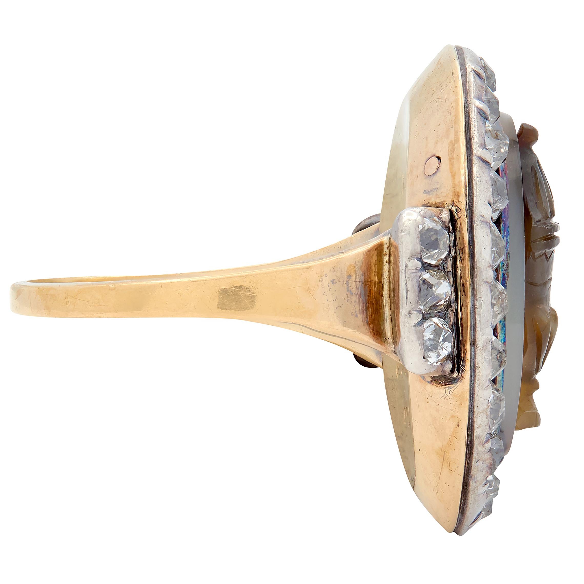 Georgian Diamond Agate 18K Yellow Gold Silver Antique Urn Cameo Mourning Ring