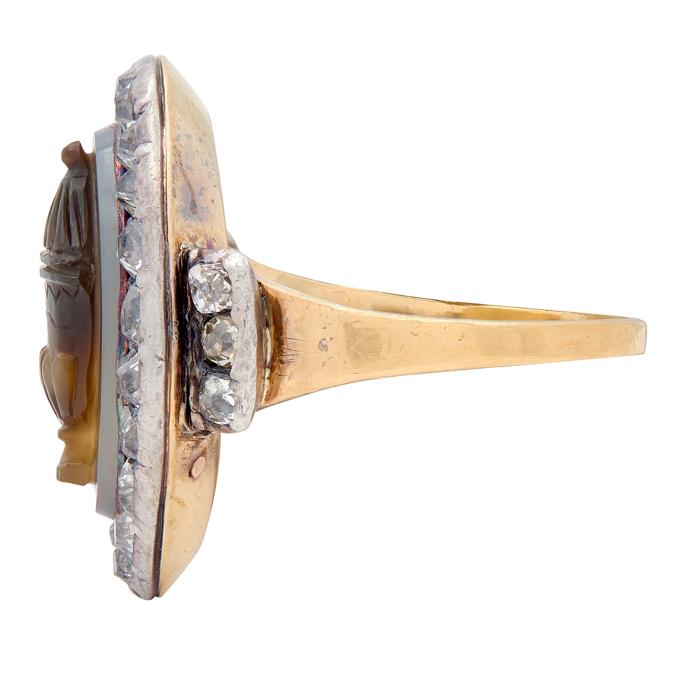 Georgian Diamond Agate 18K Yellow Gold Silver Antique Urn Cameo Mourning Ring