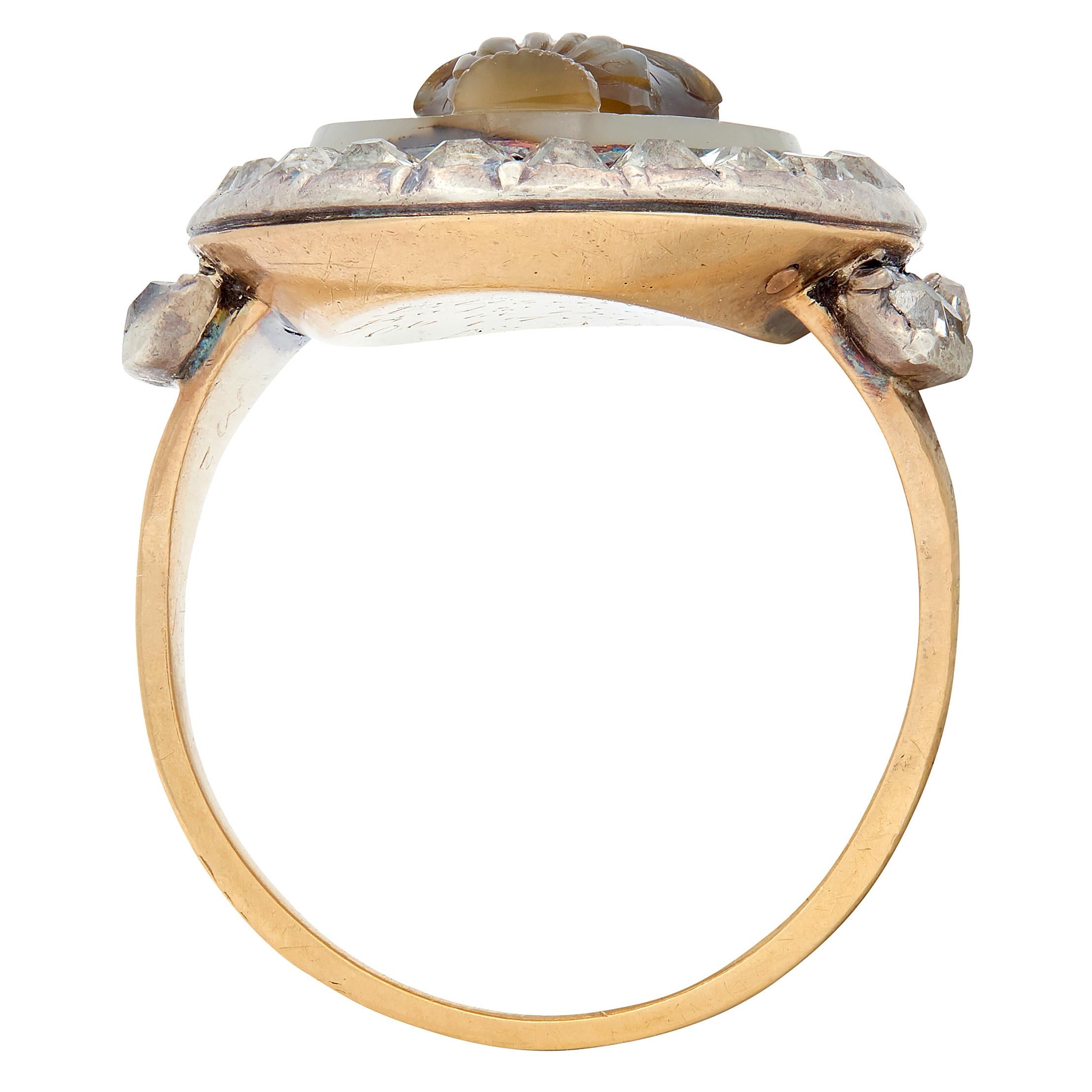 Georgian Diamond Agate 18K Yellow Gold Silver Antique Urn Cameo Mourning Ring