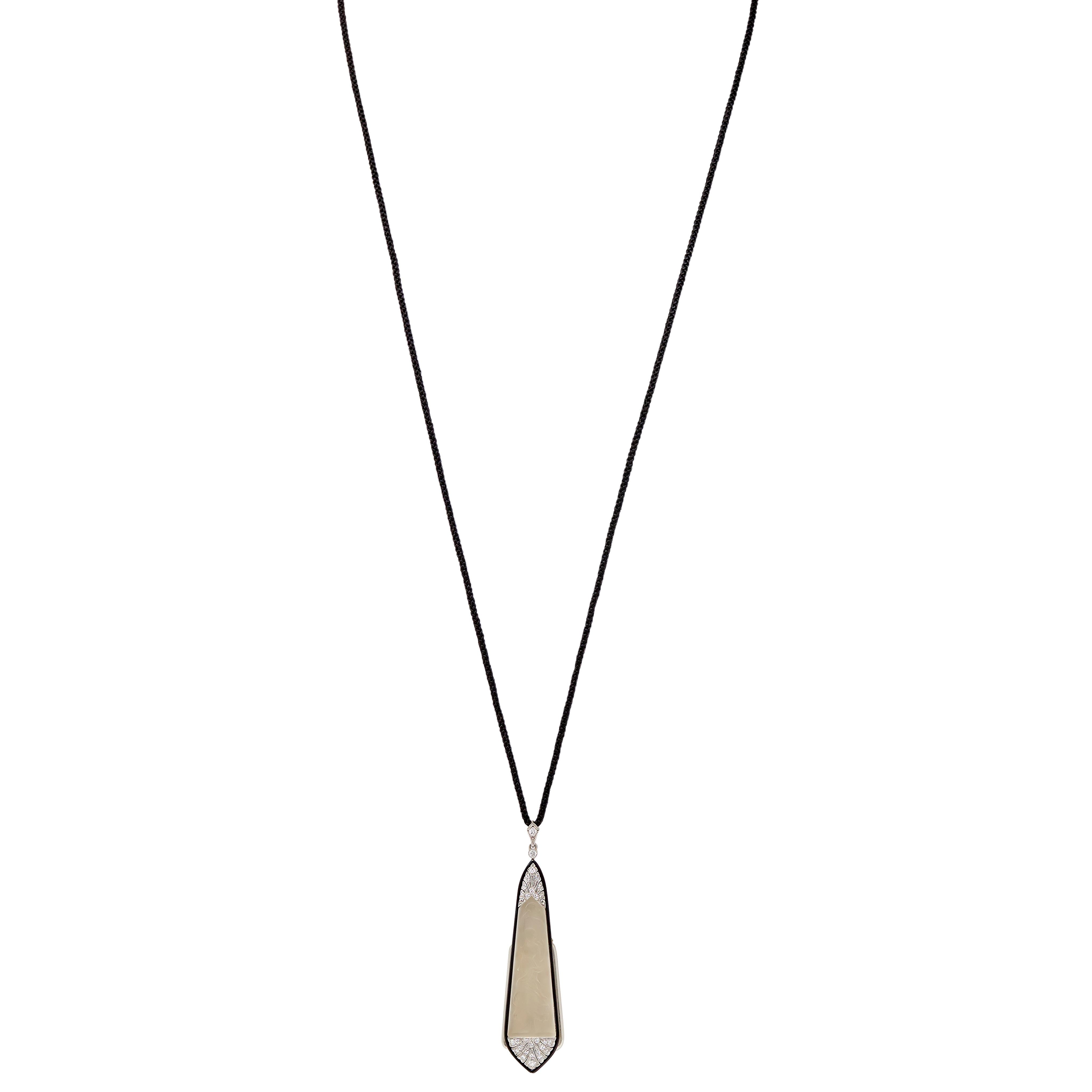 Art Deco Diamond Quartz Platinum 18K Gold Vintage Lorgnette Pendant Necklace