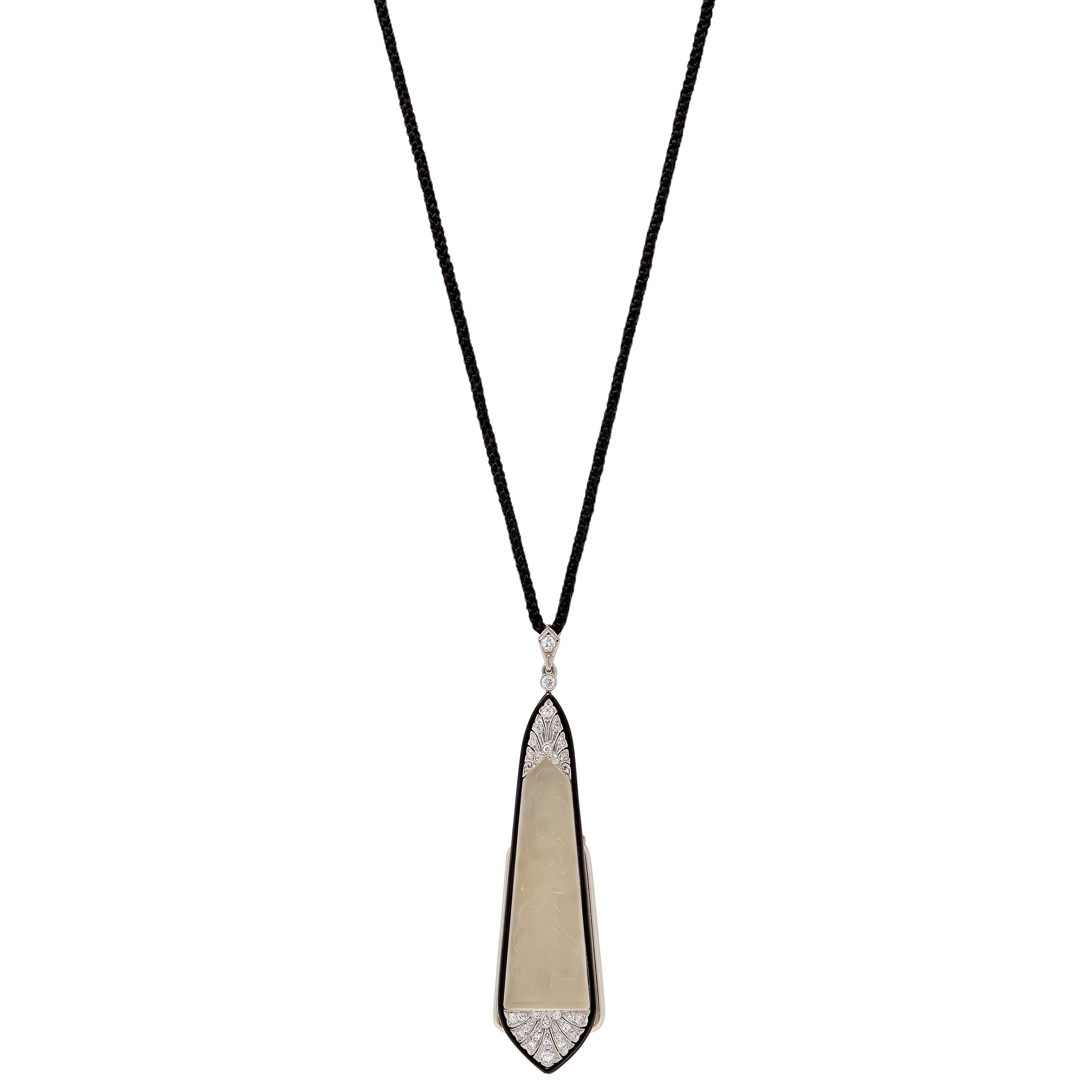Art Deco Diamond Quartz Platinum 18K Gold Vintage Lorgnette Pendant Necklace