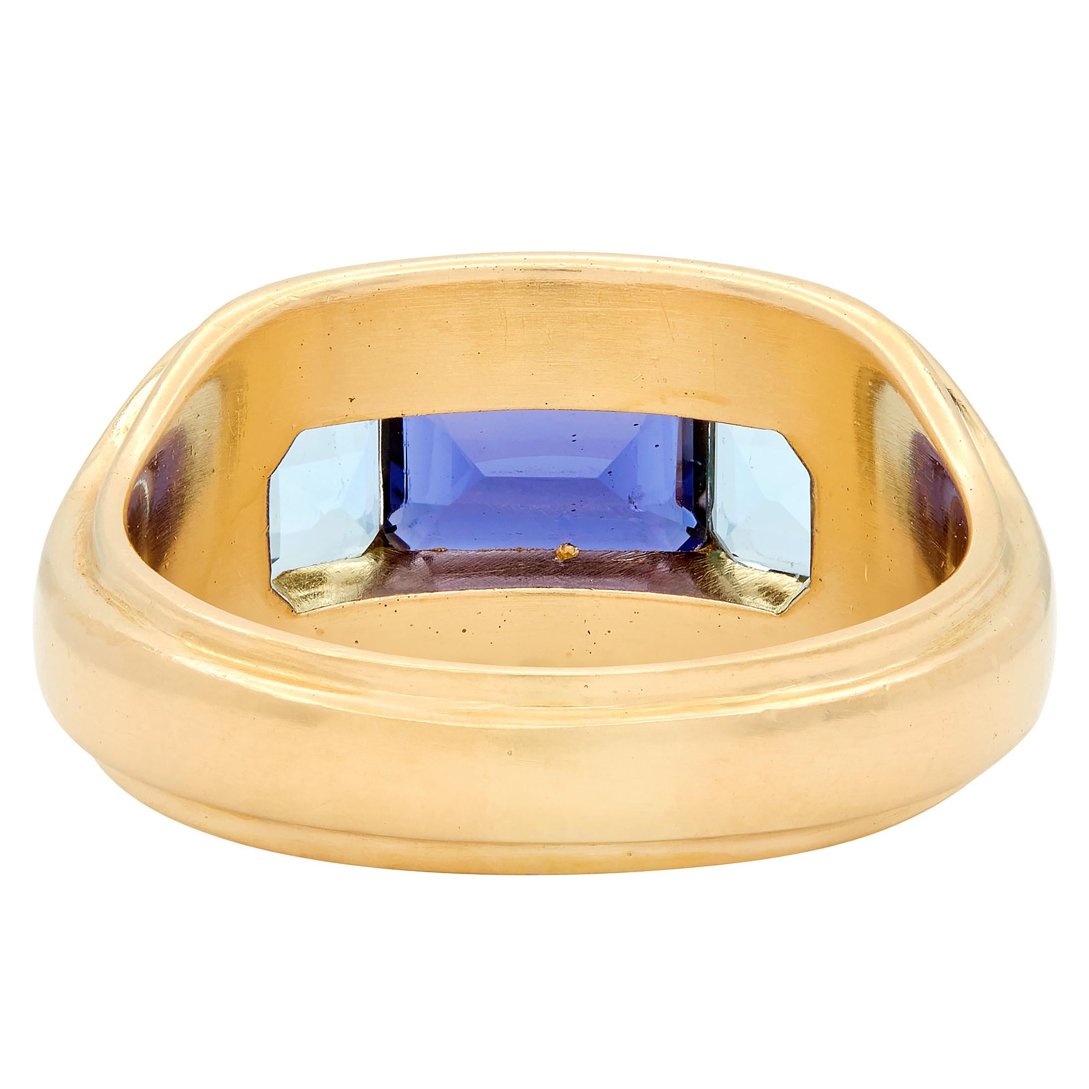 Bulgari 1990's Iolite Aquamarine 18 Karat Yellow Gold Vintage Three Stone Ring