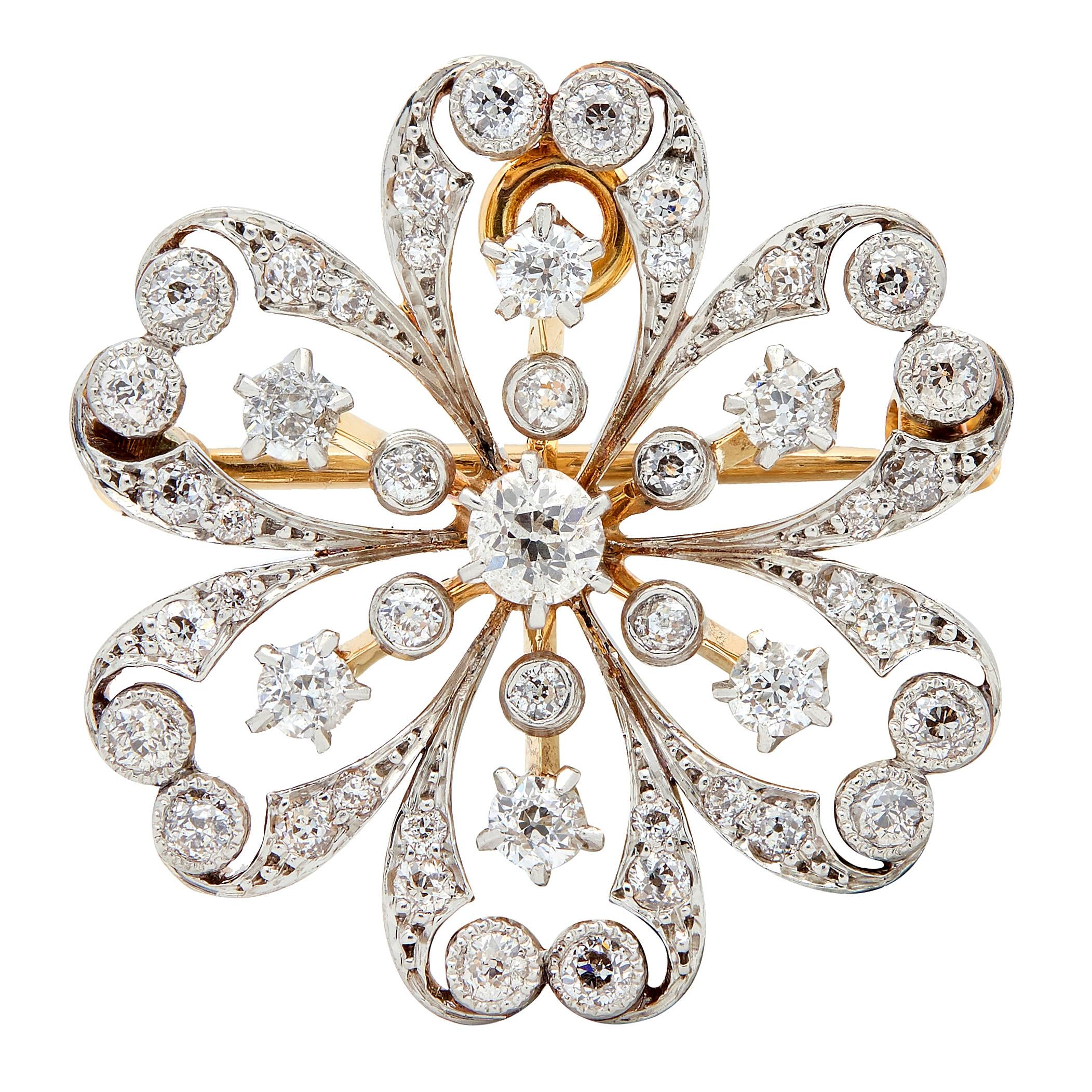 Shreve & Co. Edwardian Diamond 18K Gold Platinum Antique Flower Pendant Brooch