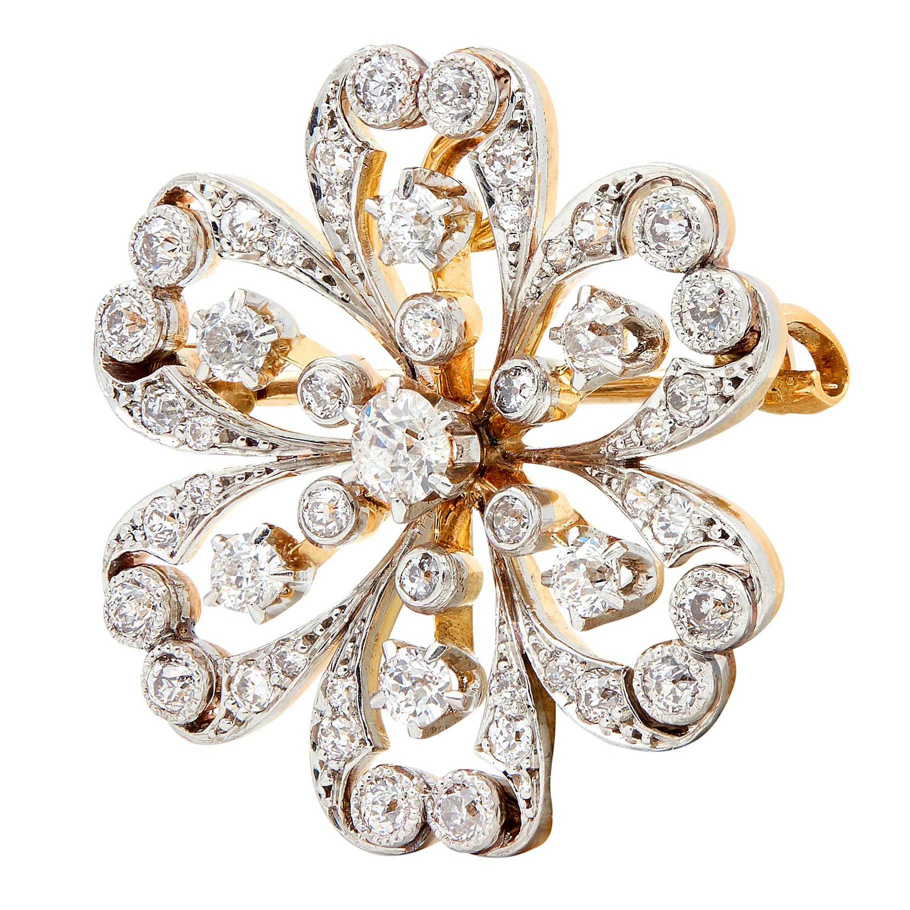 Shreve & Co. Edwardian Diamond 18K Gold Platinum Antique Flower Pendant Brooch