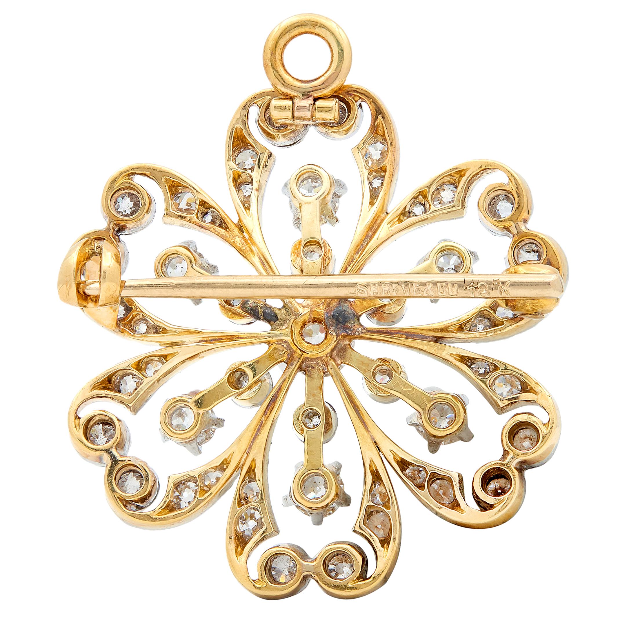 Shreve & Co. Edwardian Diamond 18K Gold Platinum Antique Flower Pendant Brooch