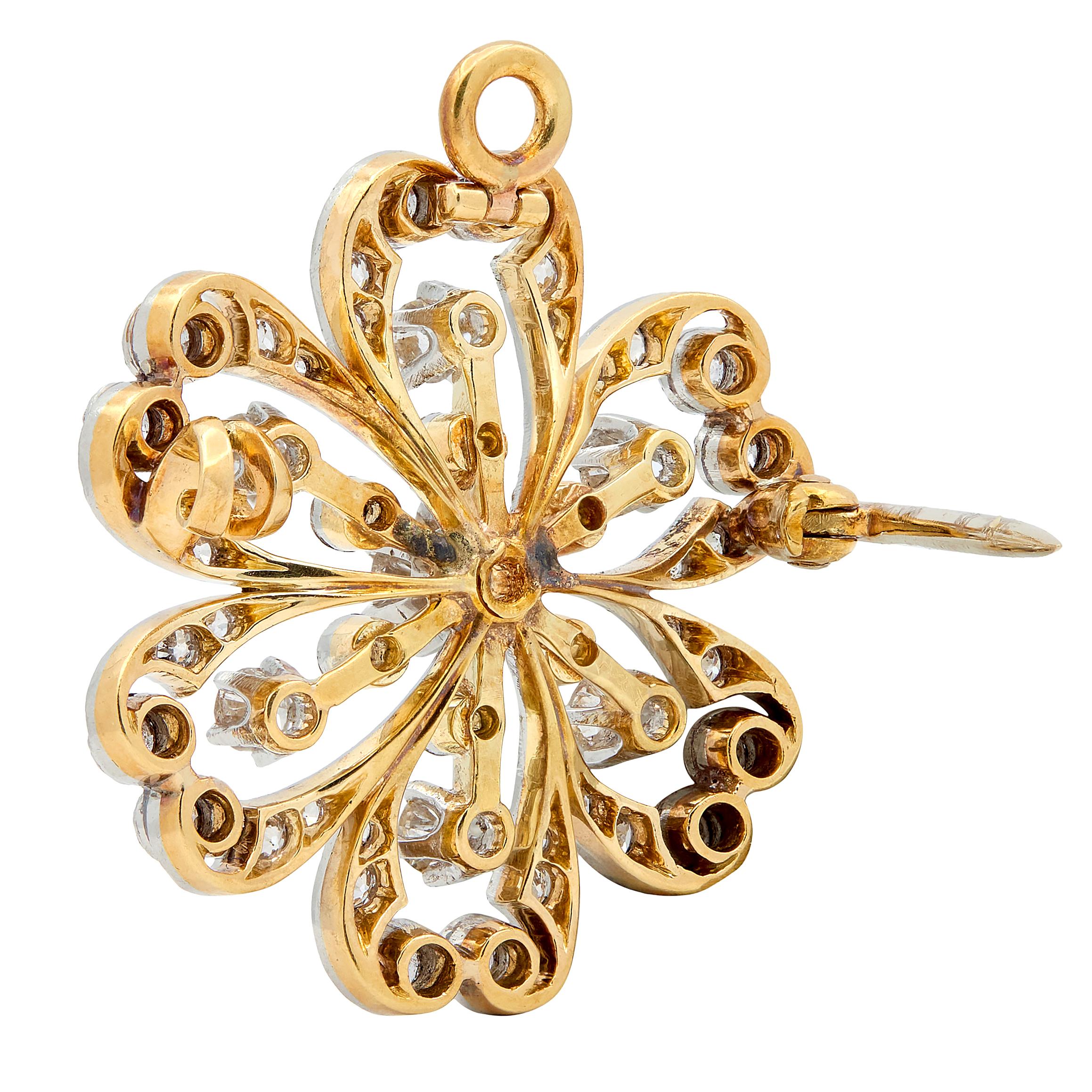 Shreve & Co. Edwardian Diamond 18K Gold Platinum Antique Flower Pendant Brooch