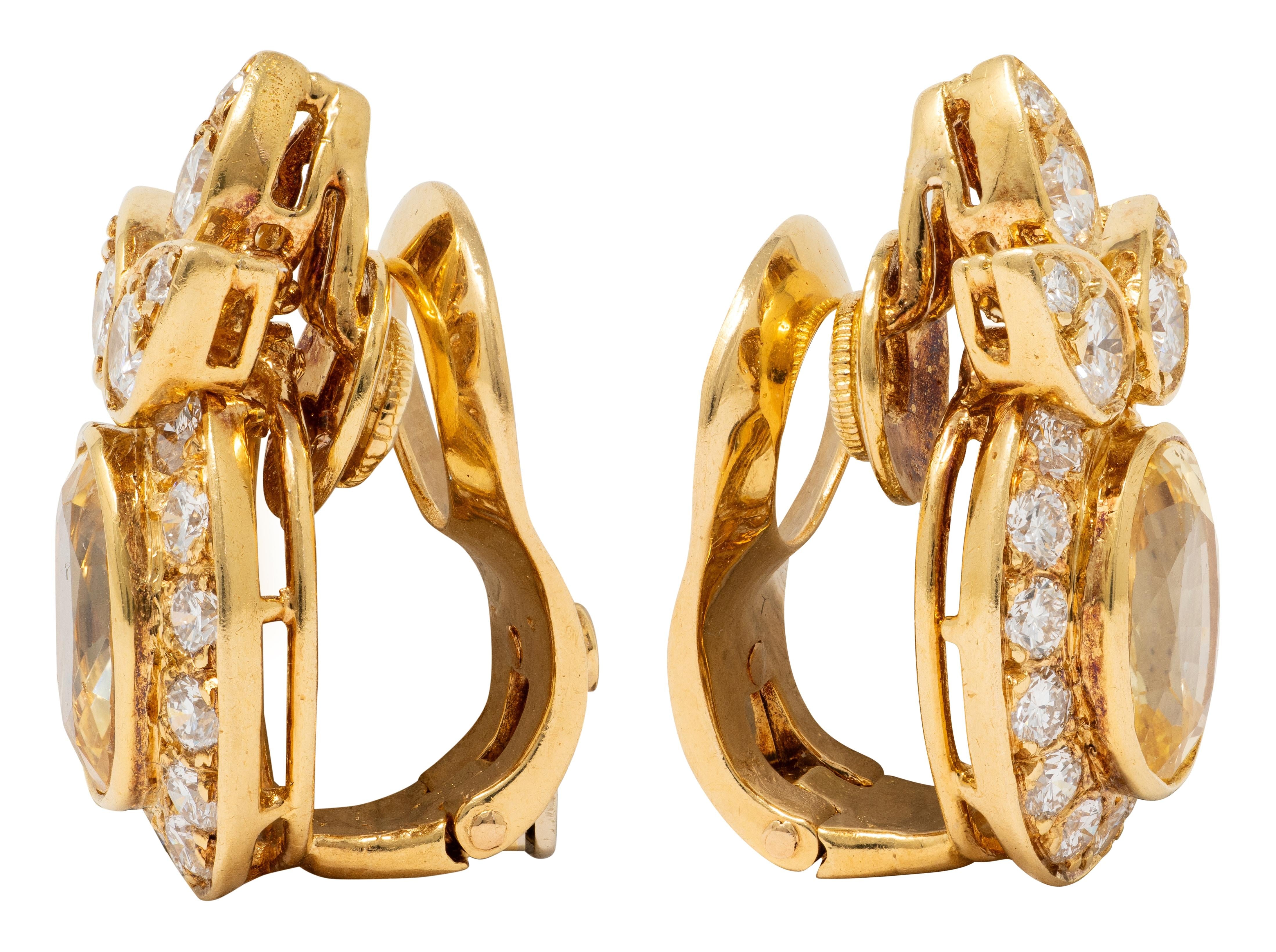 Van Cleef & Arpels Diamond Sapphire 18K Gold Vintage Cluster Ear-Clip Earrings