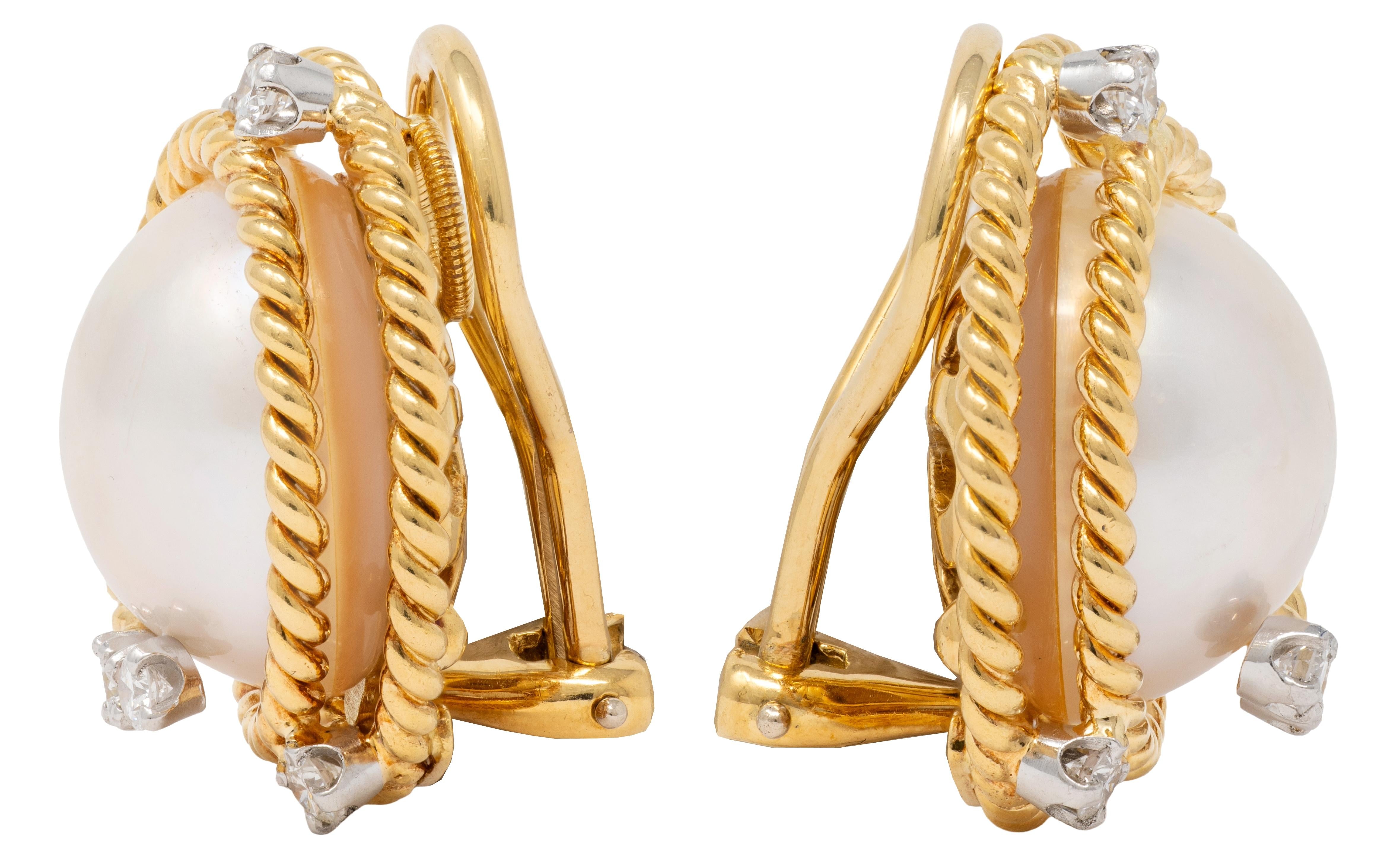 Tiffany & Co. Schlumberger Pearl Diamond 18K Gold Platinum Vintage Swirl Earring